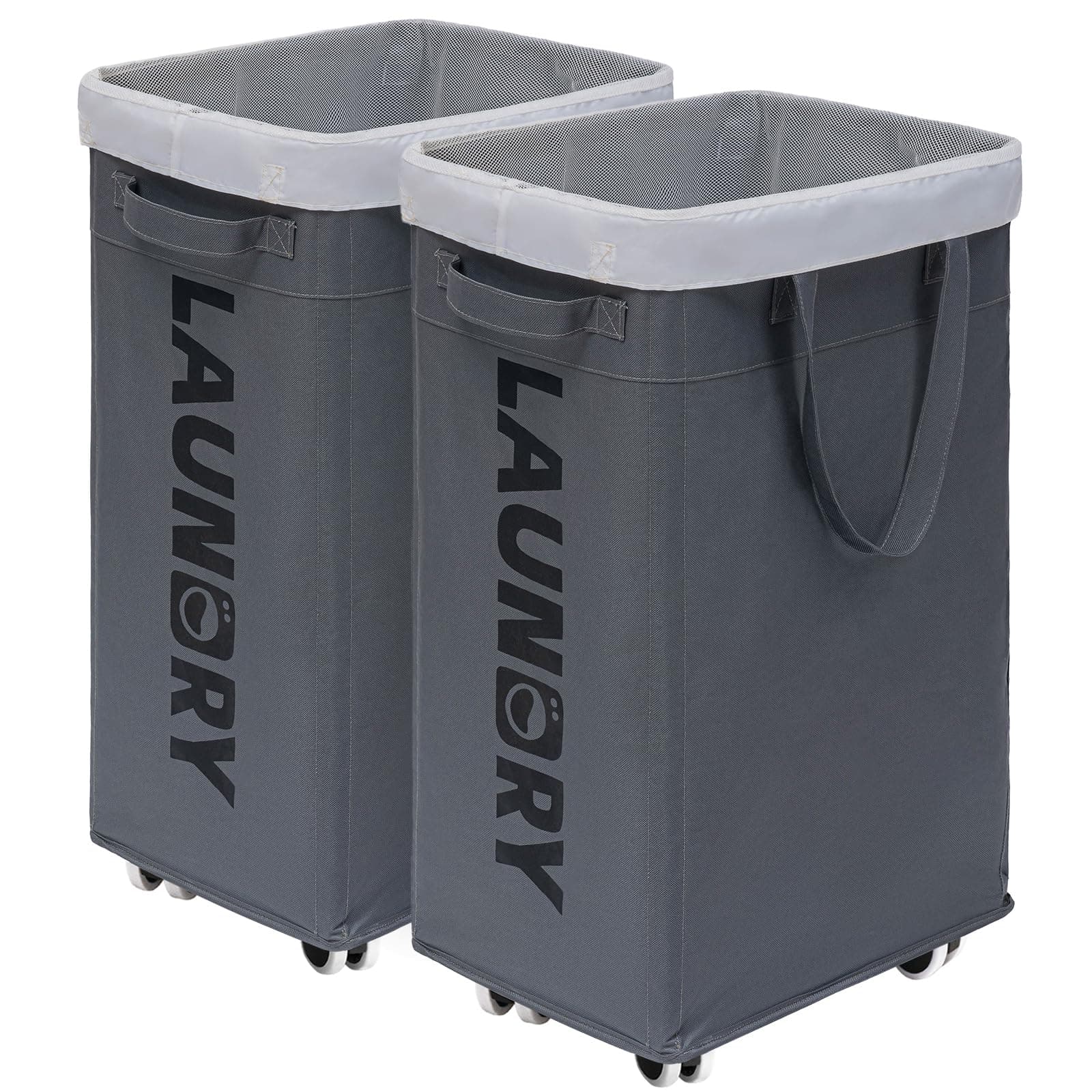 CHICVITA Hamper with Wheels 2-Pack, 75L Large Laundry Baskets with Removable Wash Bags, Foldable Laundry Baskets with Slim Design for Corner Dorms, Rolling Laundry Hamper on Wheels, Grey
