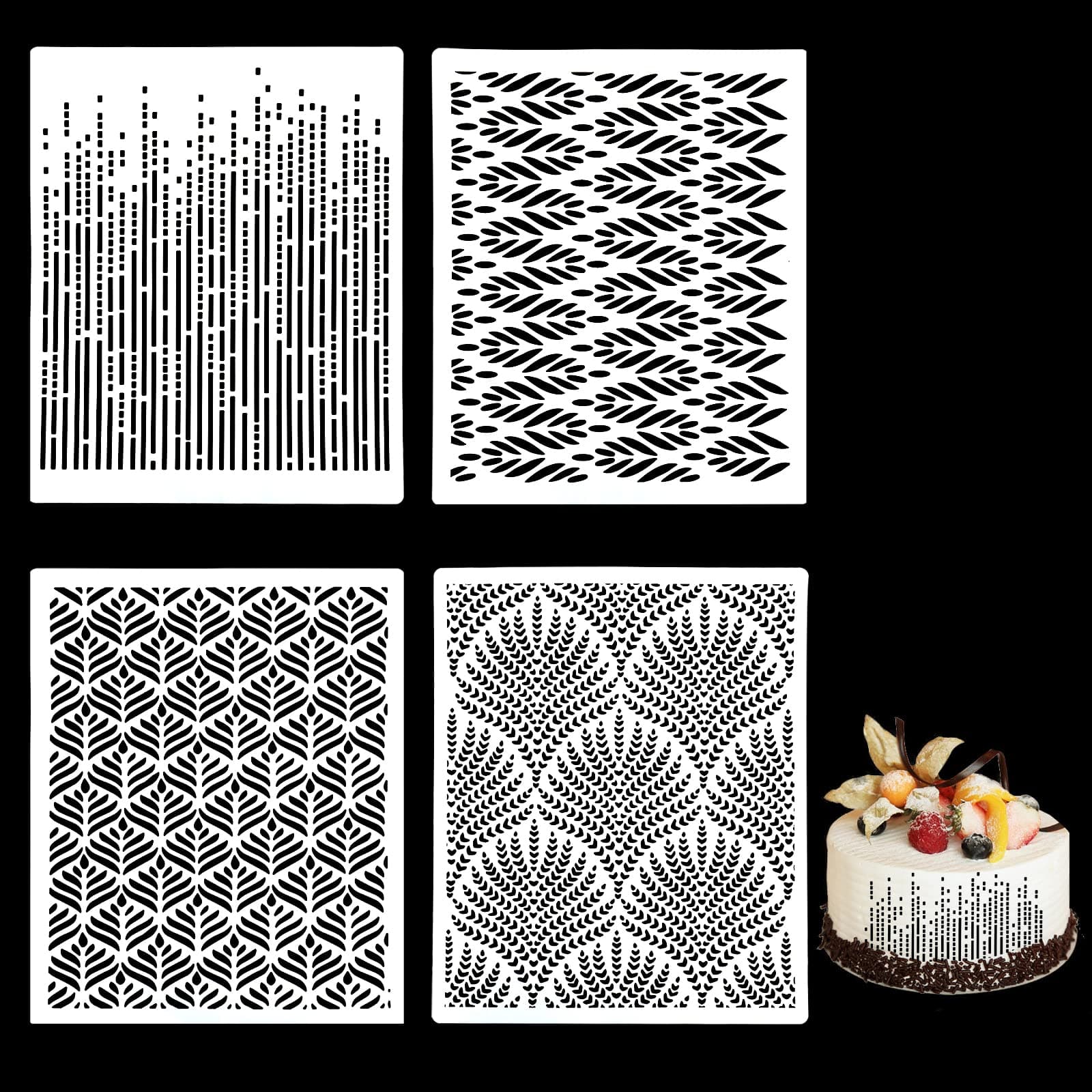hocadon 4 Styles Cake Stencil, Cake Lace Decoration Stencil, Flower Cake Templates for Fondant Baking Birthday Wedding Cake Decoration, 25x20 cm