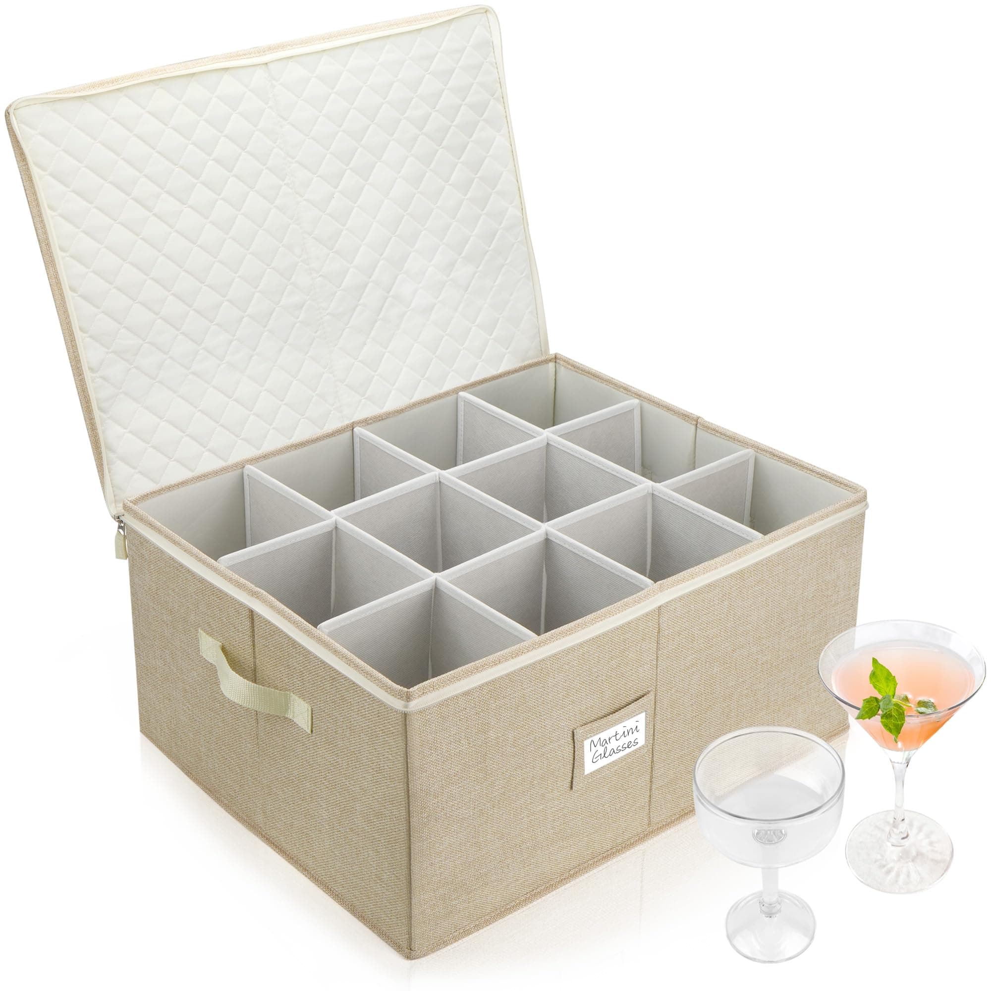 LotFancy Stemware Storage Container, Hard Shell, Large Wine Glass Storage Box for Moving, Stackable, Foldable, Crystal Glassware, Drinkware Case with Dividers & Handles, 21”x15.5”x10”, Beige