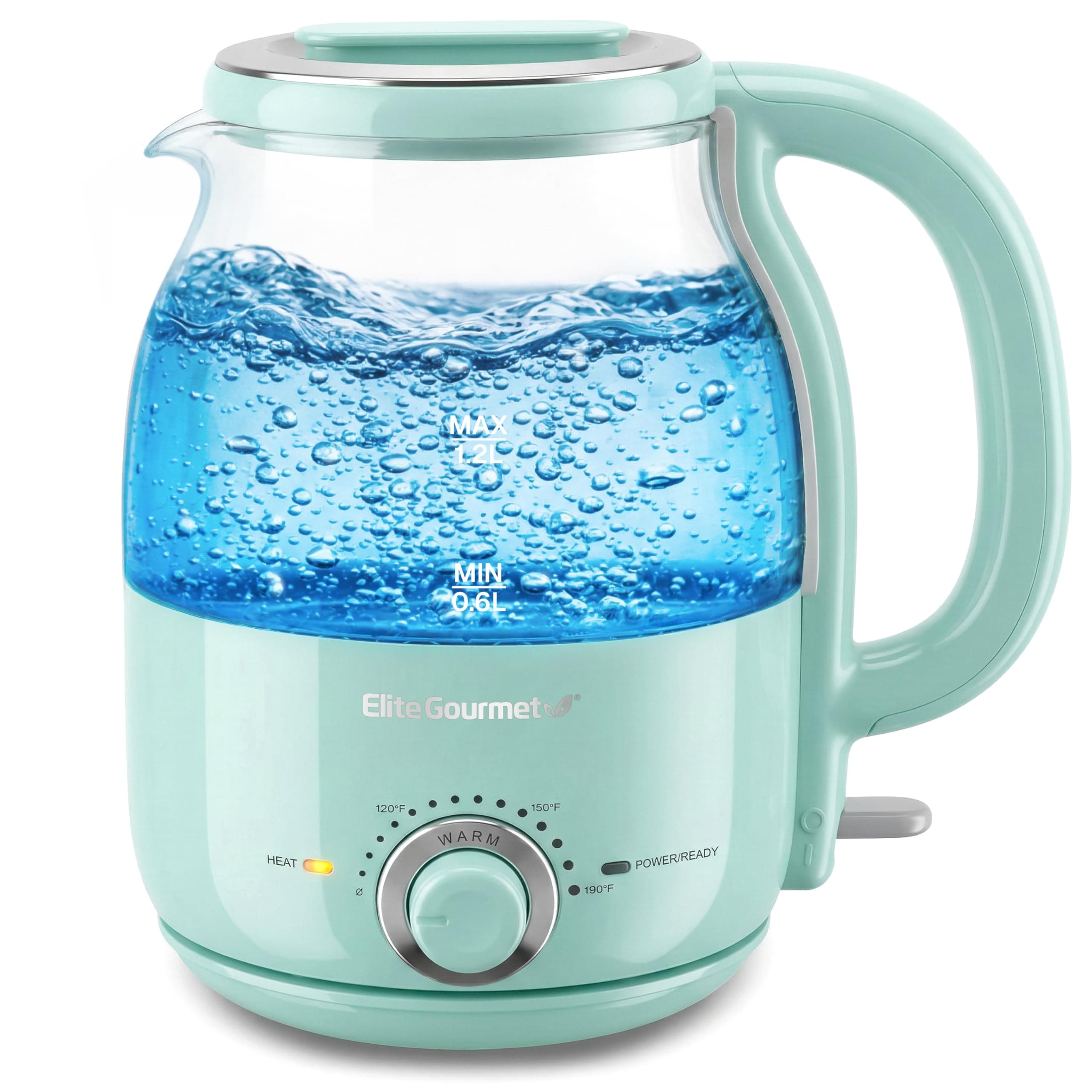 Elite Gourmet EKT1220M 1.2L Electric BPA-Free 1200W Glass Kettle, Temperature Dial Keep Warm Function, Cordless 360° Base, Blue LED Interior, Auto Shut-Off Function – Quick Boil, Mint