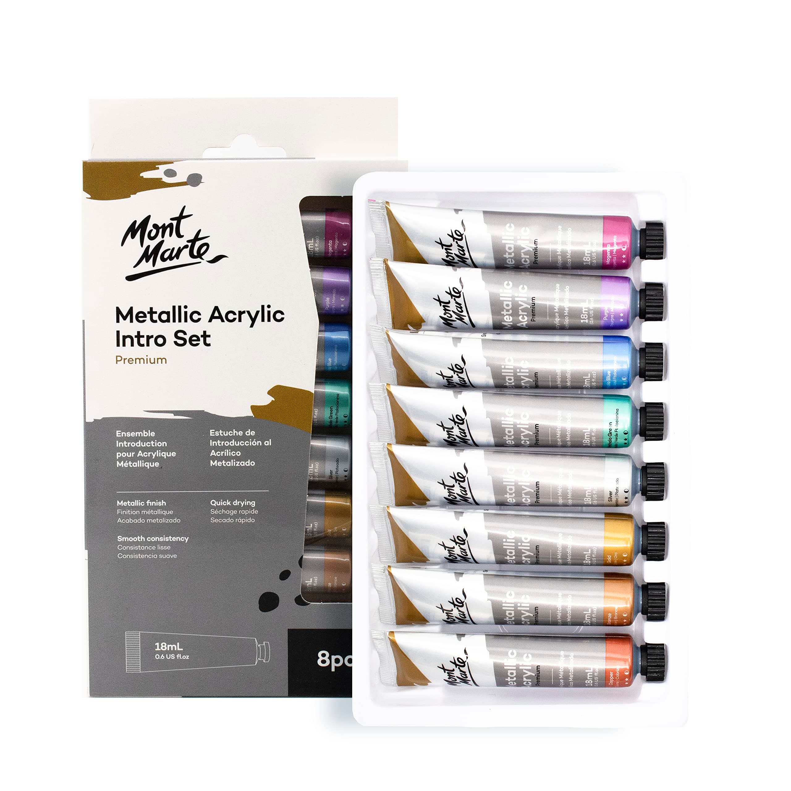Acrylic Paint Set - Metallic - 8 Pieces, 18 ml Tubes - Ideal for Acrylic Painting - Brilliant lightfast Colors with high Opacity - Perfect for Beginners, Professionals and Artists