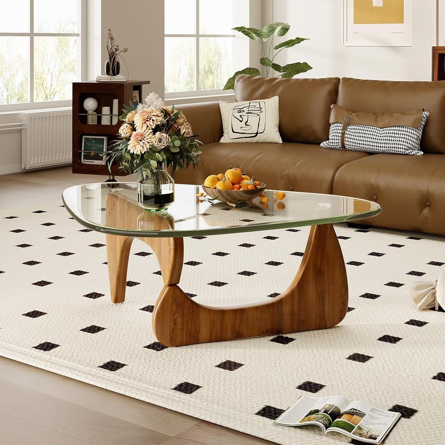 Coffee Tables for Living Room, Triangle Glass Coffee Table with Wooden Base Mid-Century Modern Abstract Center Table for Study Room Office Hotel Balcony (Walnut Transparent, Large 50 * 35.8 * 16in)