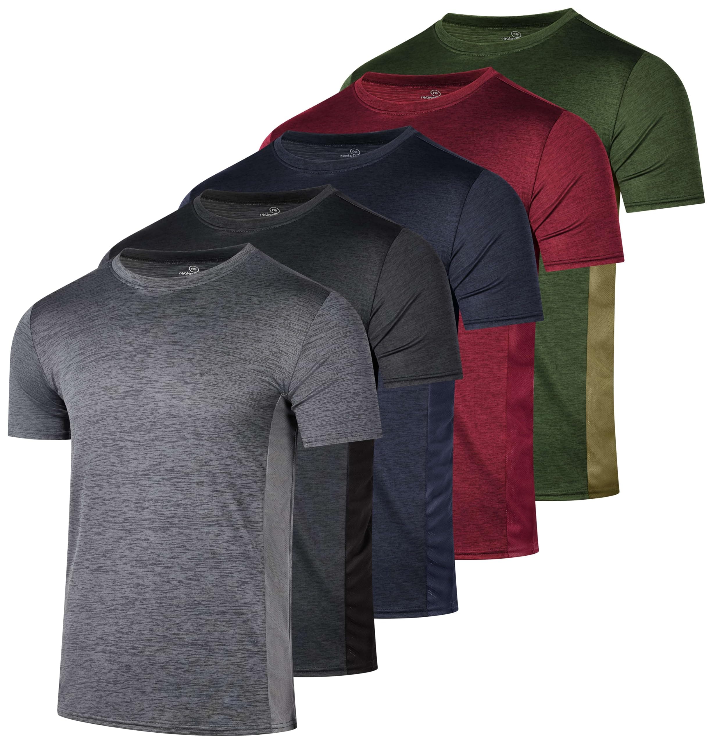 Real Essentials 5 Pack: Men's Dry-Fit Short Sleeve Crew Neck T Shirts Fitness Running Gym Workout Cool Exercise Athletic Tee