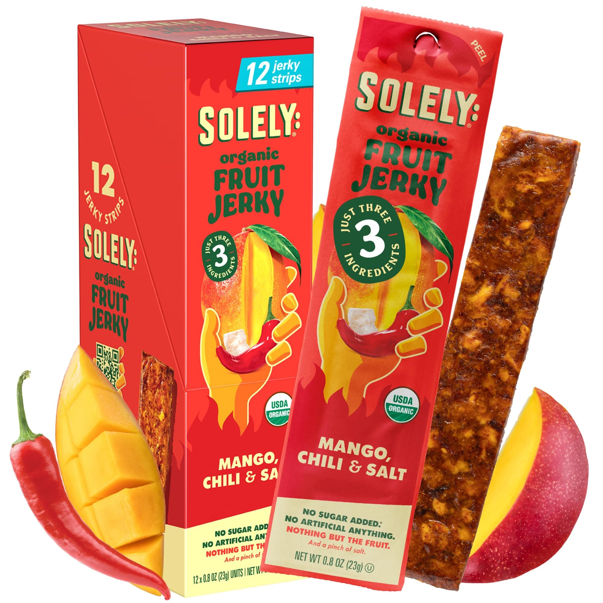 SOLELY - Organic Spicy Mango Chili and Salt Fruit Jerky - 12 Individually Wrapped Strips - Fruit Leather Made from Dried Fruit - Healthy Snacks for Adults & Kids - Vegan, Non GMO - 0.8oz (23g)