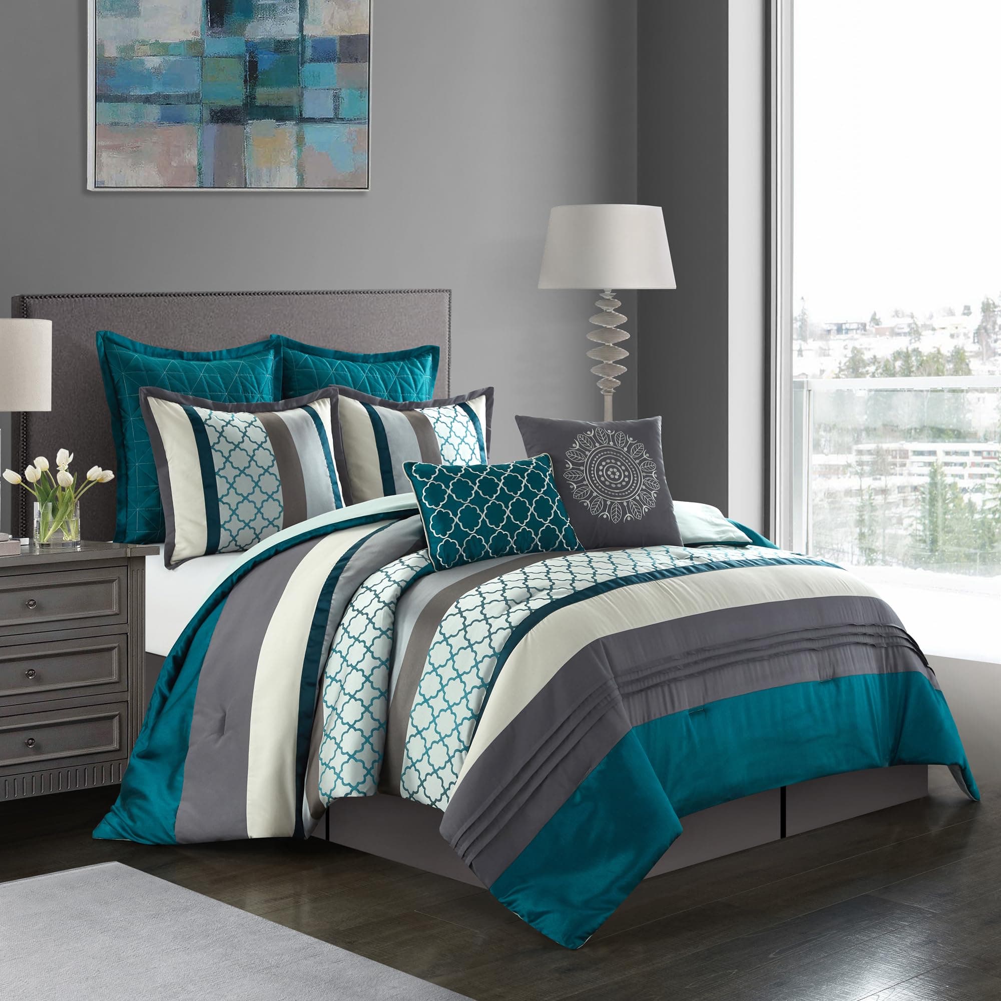 Grand Avenue Gray&Teal Comforter Set King, Jacquard 8 Pieces Bedding Sets with Comforters, Bed Skirt, Embroidered Pillows & Shams, Ultra-Soft, Bed-in-a-Bag