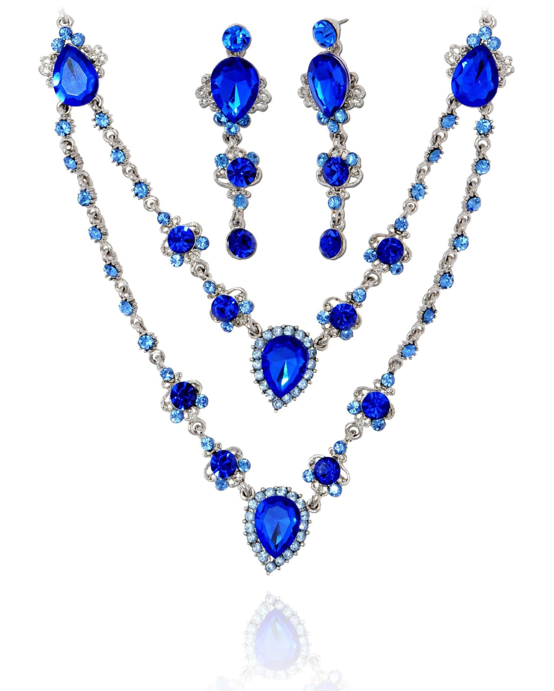 Saint Christine Double Tiers Drop Strand Royalblue Crystal Necklace & Earrings Jewelry Set