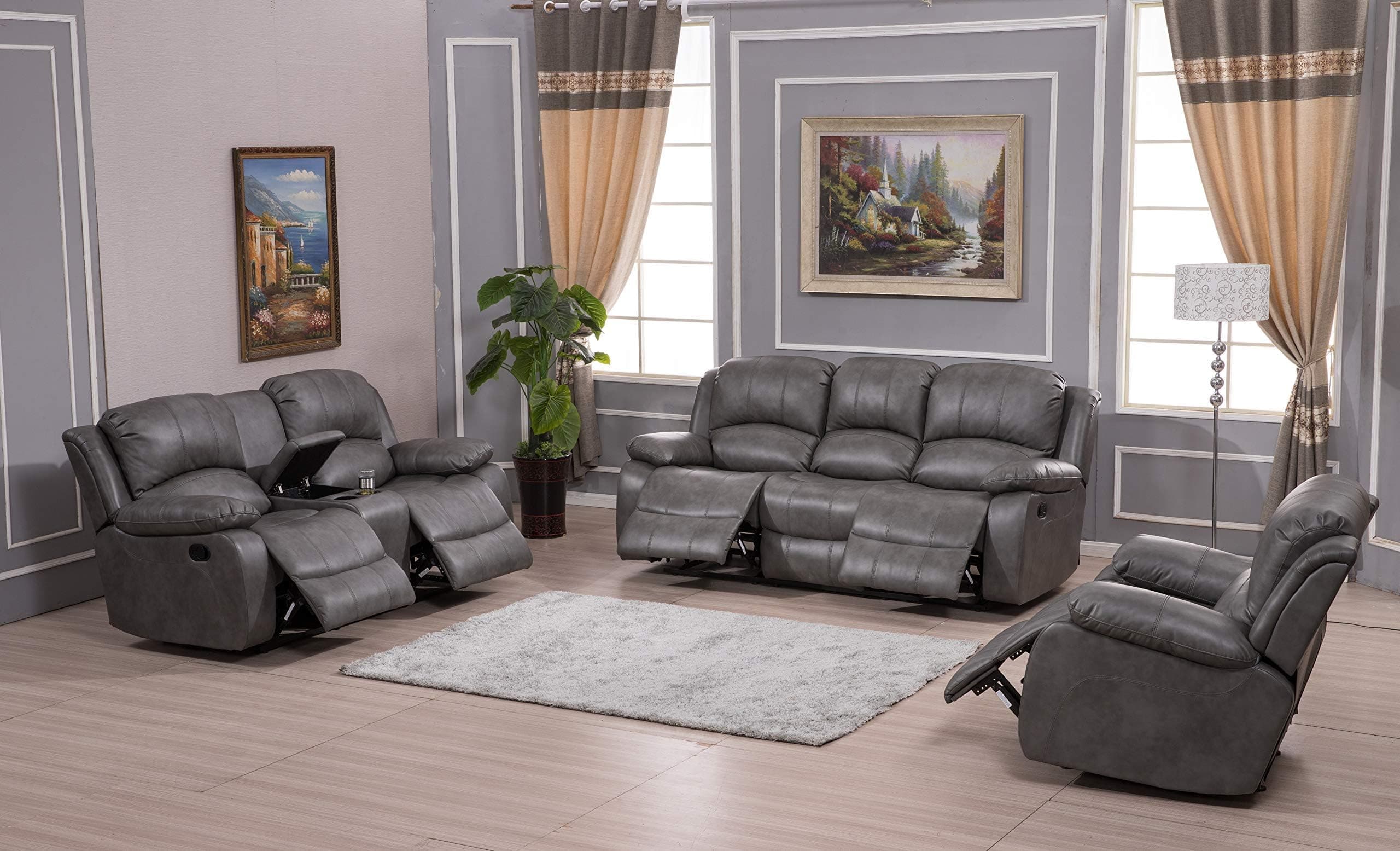 Betsy Furniture 3PC Faux Leather Reclining Couch Set, Living Room Furniture Set, Sofa, Loveseat, Glider, 8018 Multiple Colors (Gray, Sofa+Loveseat+Chair) | 8018, Living Room, Glider