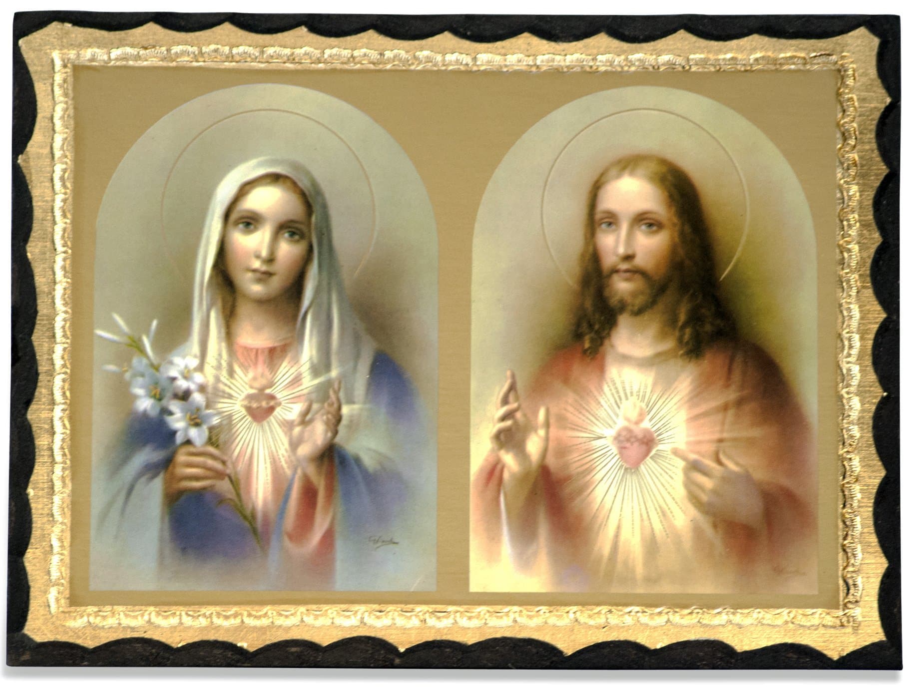 Italian Deluxe Sacred Heart of Jesus and Mary Wall Plaque with Gold Border and Wall Hook - Made in Italy