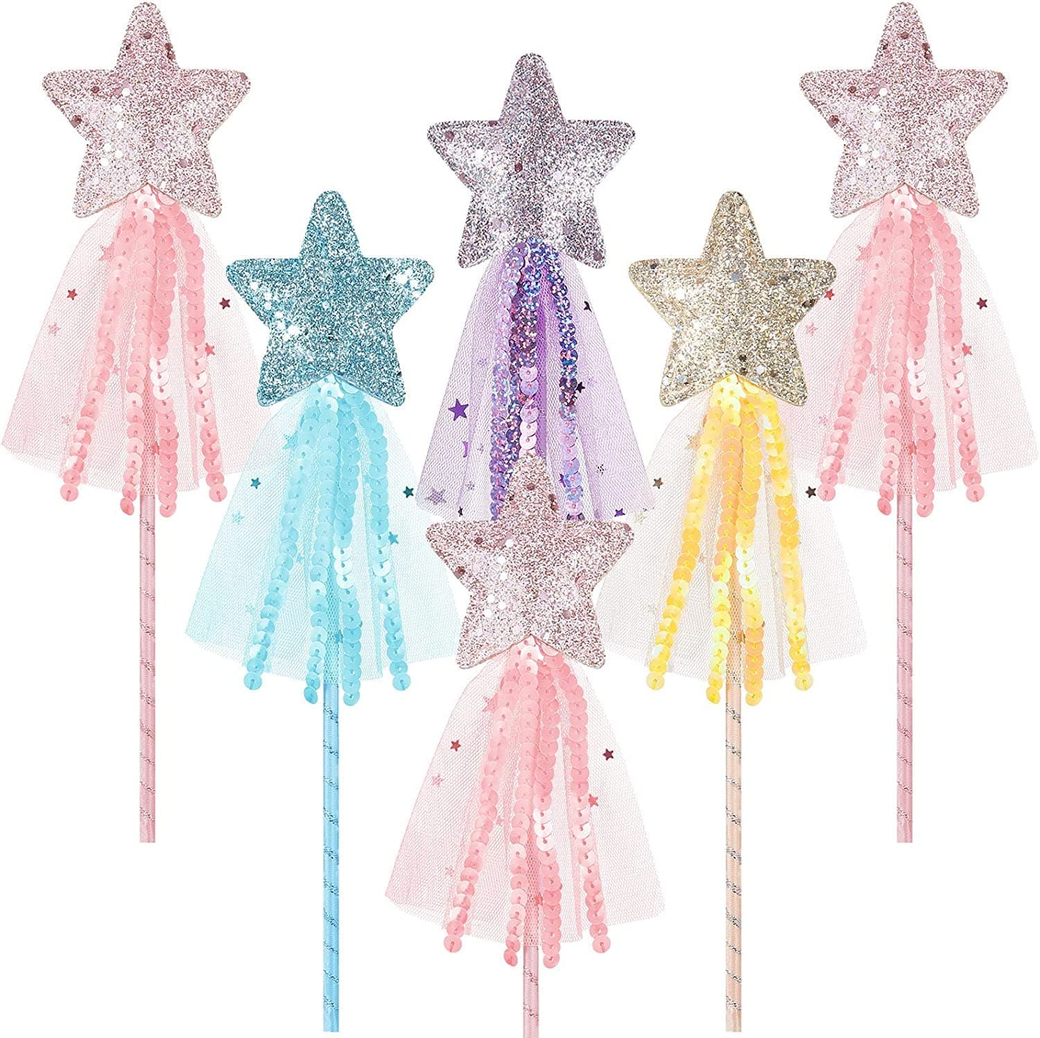 ELECDON Fairy Wand for Girls Princess Wand Glitter Wand Cute Star Wand Performance Fairy Stick for Christmas Costume Prop Cosplay Birthday Party Supply Role Play Favors (Style 1-6PCS)