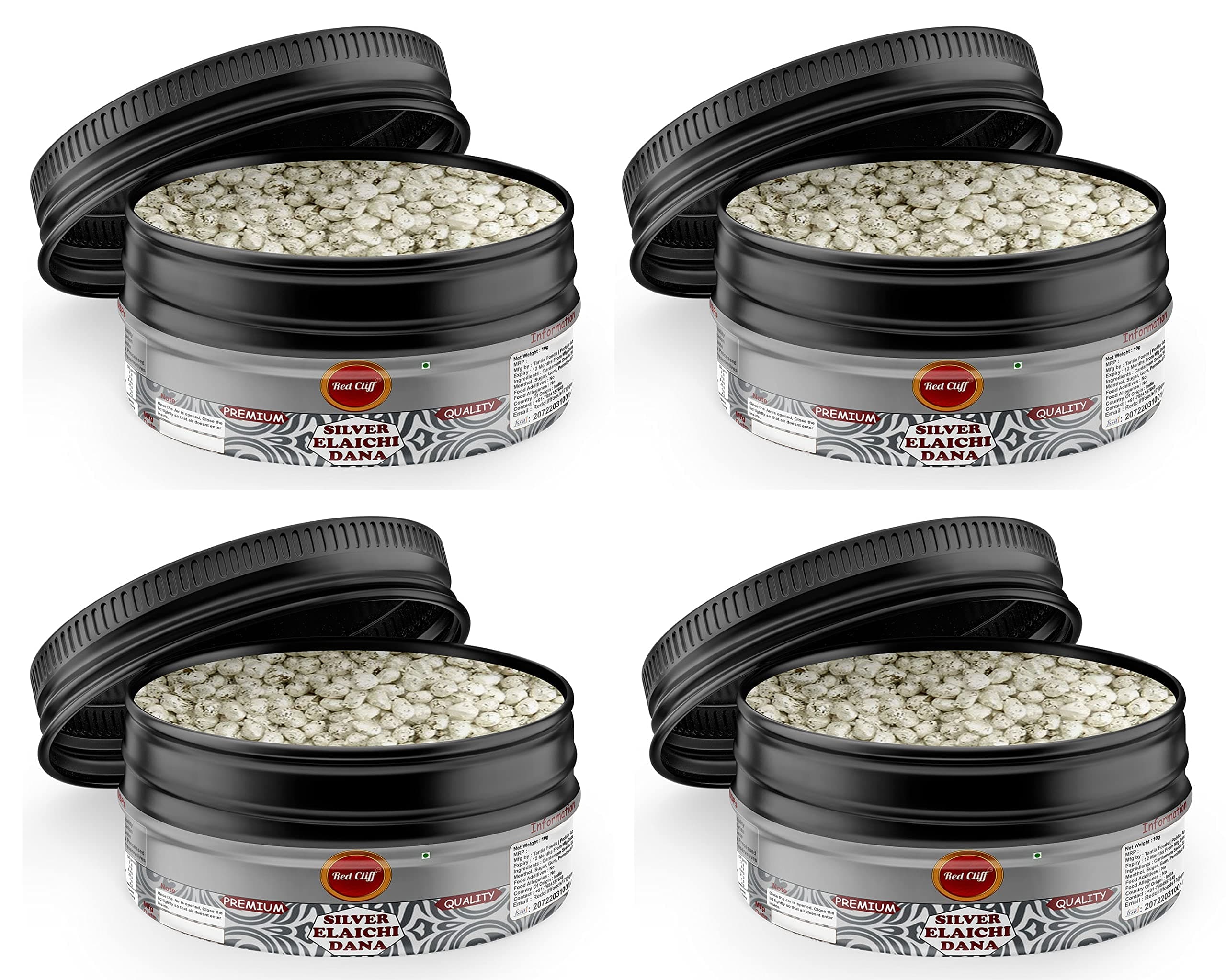RED CLIFF Silver Coated Elaichi Dana | Premium Mouthfreshner | Pack of 4 | Green Cardamom and Silver Leaves | 10gX4 |