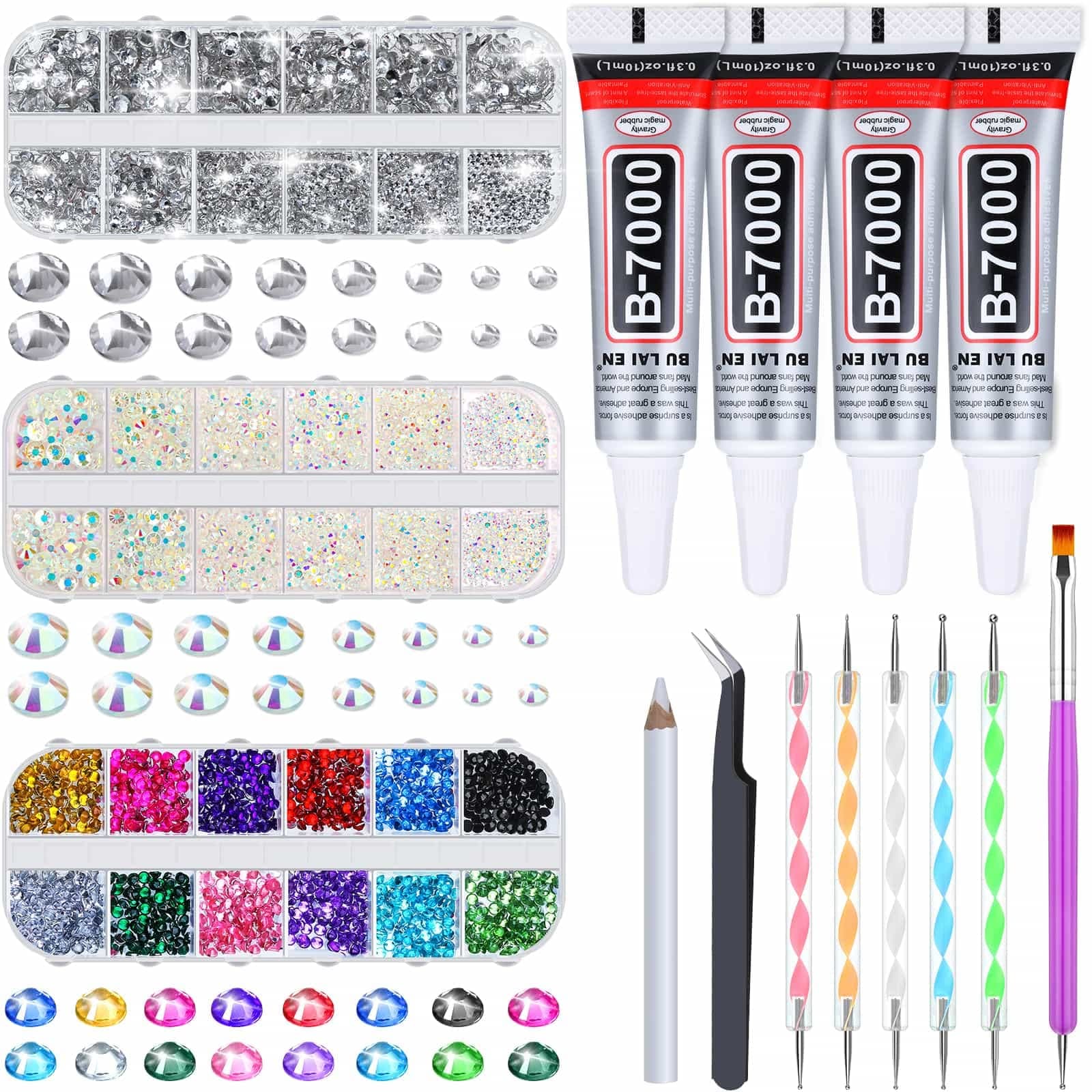 shynek B7000 Jewelry Glue with Rhinestones for Crafts, 4500Pcs Rhinestones with Gems Adhesive for Shoes Cloth Fabric with Picker Pencil for Crafting Diamond Art Graduation Cap Decorations