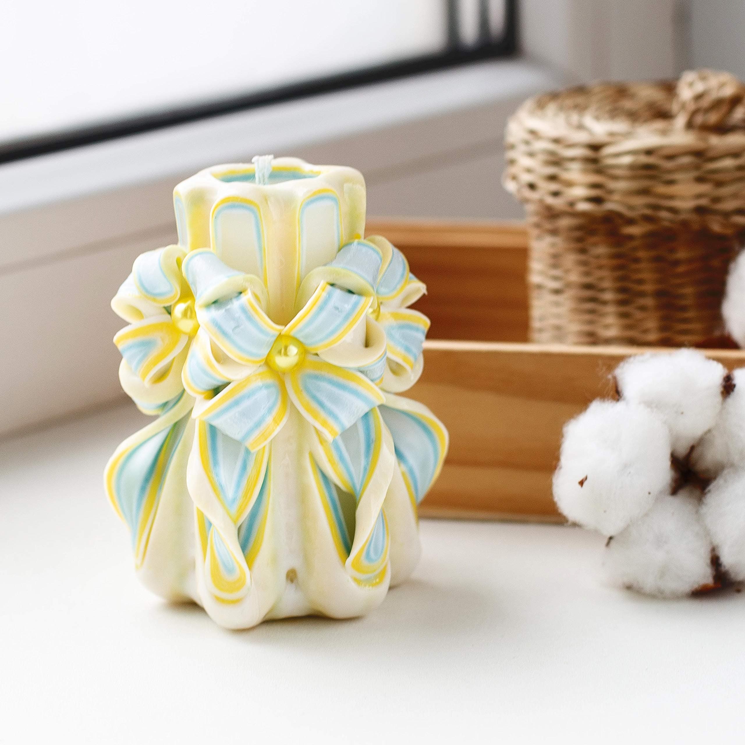 Small carved candle - dusty yellow candle - dusty blue carved candle - Wedding Bonbonniere