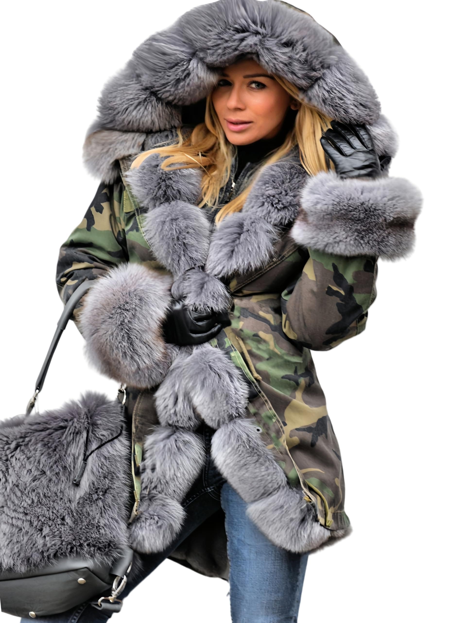 Aox Women Winter Faux Fur Hooded Coat Lady Warm Lined Thicken Parka Jacket Plus Size Outdoor Overcoat