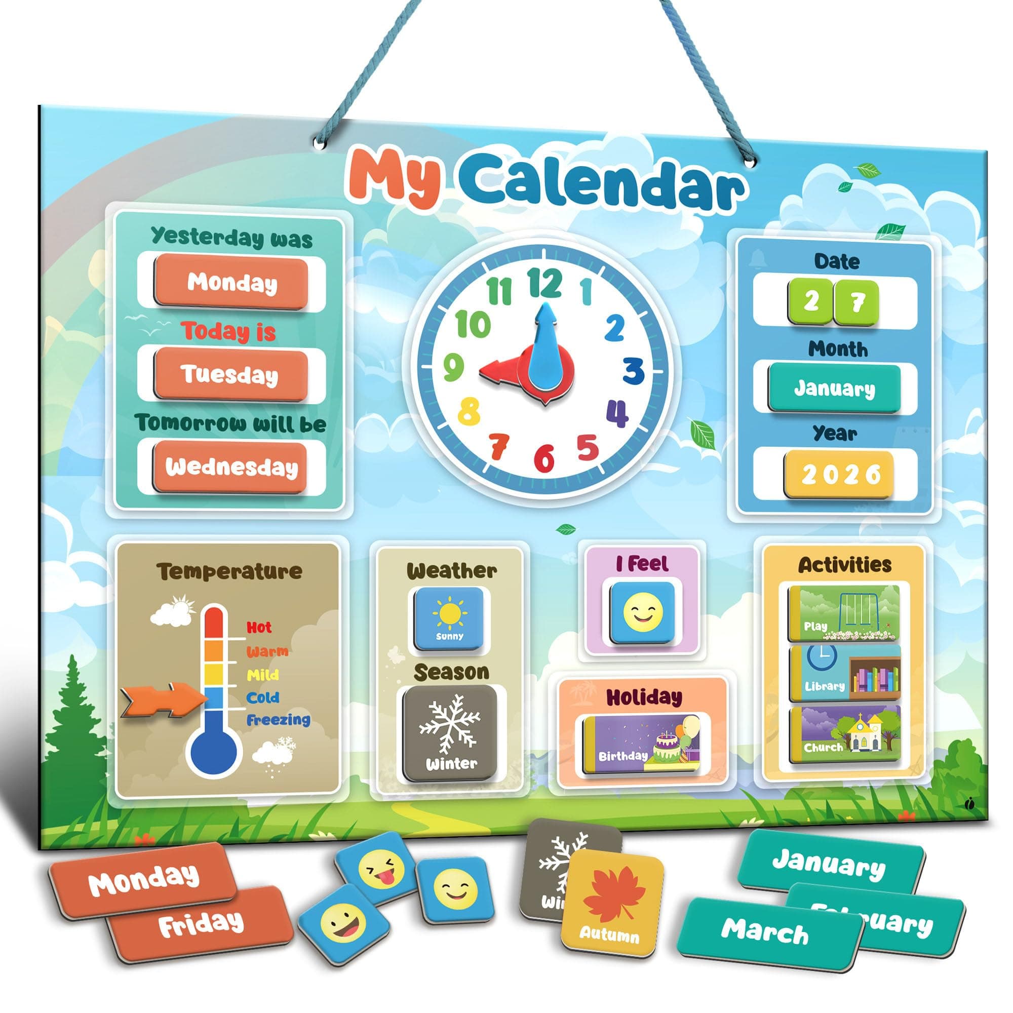 inamio Magnetic Kids Calendar for Learning - Classroom, Preschool Calendar for Kids and Toddlers - Days of The Week Chart - Today, Months and Weather