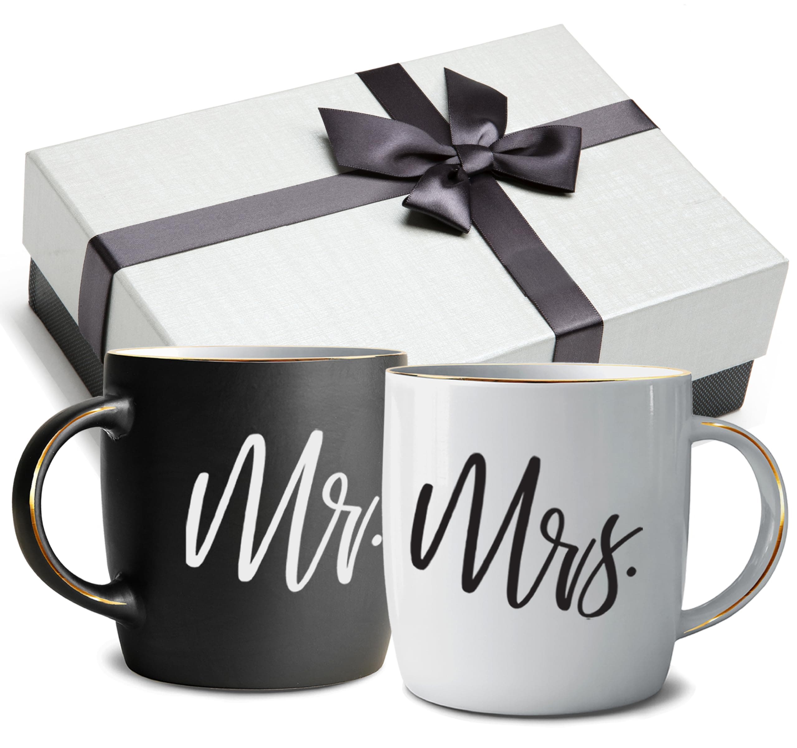 Triple Gifffted Mr and Mrs Coffee Mugs - Engagement Gifts for Couples, Wedding Anniversary, Newlyweds, Bride & Groom, Christmas, Valentines for Parents, His & Hers, Ceramic Cup, 380ML