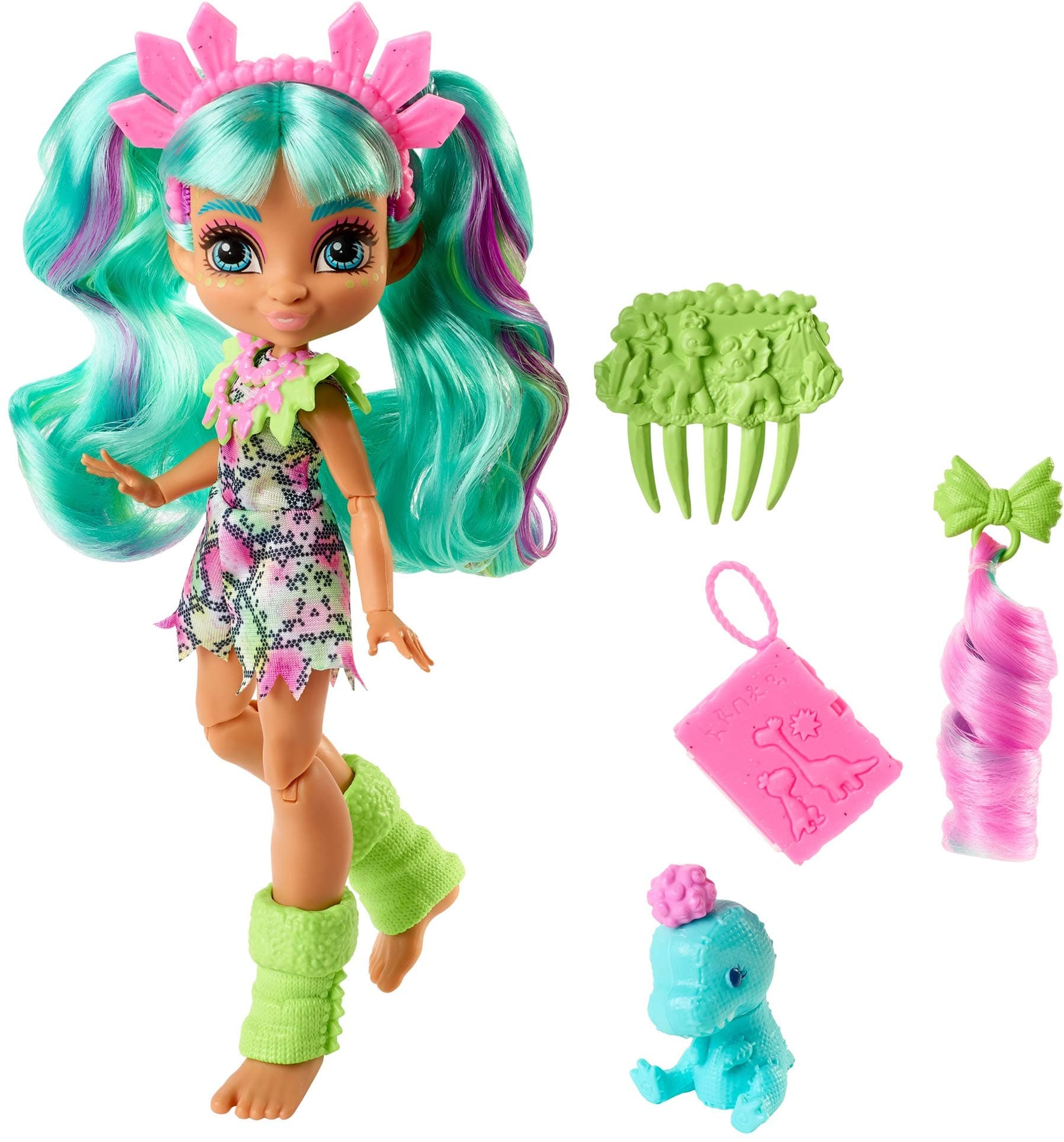 Mattel Cave Club Rockelle Doll (8 10-inch, Teal Hair) Poseable Prehistoric Fashion Doll with Dinosaur Pet and Accessories, Gift for 4 Year Olds and Up
