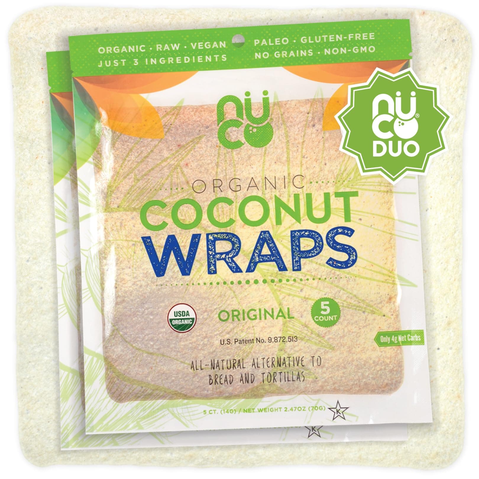 NUCO Certified Organic Paleo Gluten Free Vegan Coconut Wraps (Two Pack of 10)
