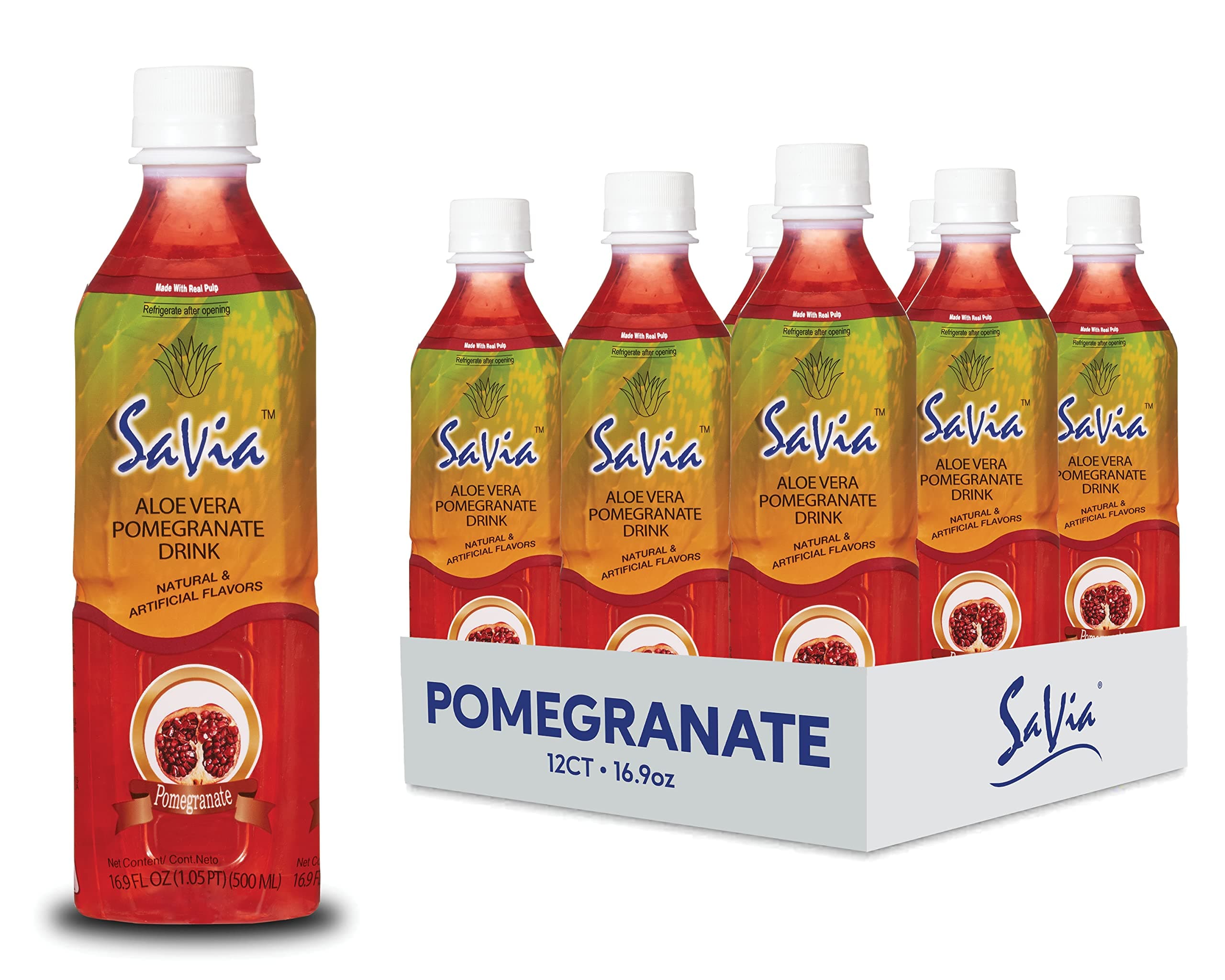 Savia - Pomegranate Aloe Vera Drink, Quality Aloe-Based Beverage, Made with Real Aloe Pulp & Natural, Delicious & Refreshing, Vegetarian, Gluten-Free, Fat-Free (16.9oz, 12-Pack)