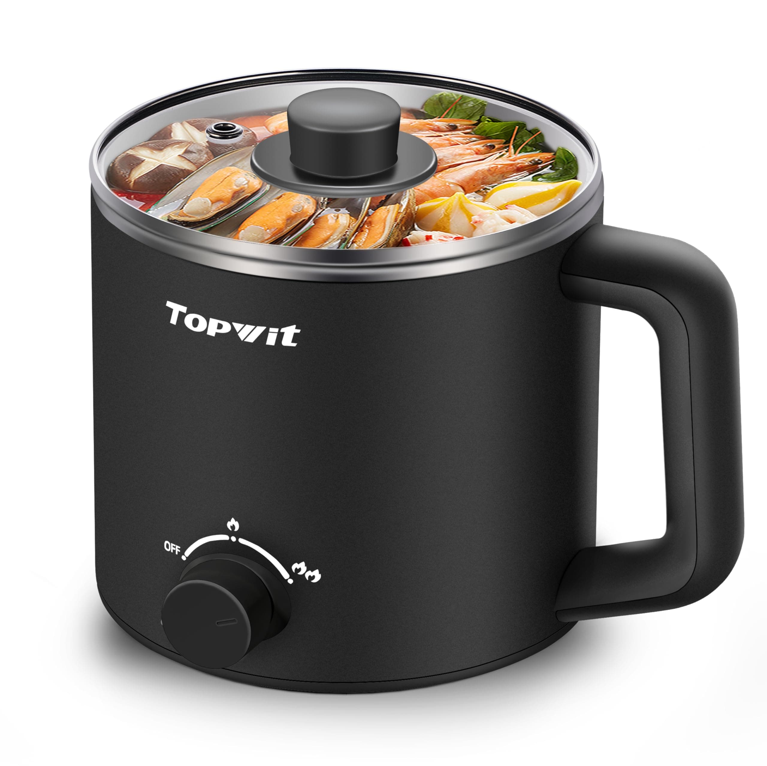 Topwit Hot Pot Electric, Electric Pot, 1.6L Ramen Cooker, Multifunctional Cooker for Pasta, Shabu-Shabu, Oatmeal, Soup and Egg with Over-Heating Protection, Boil Dry Protection, Black