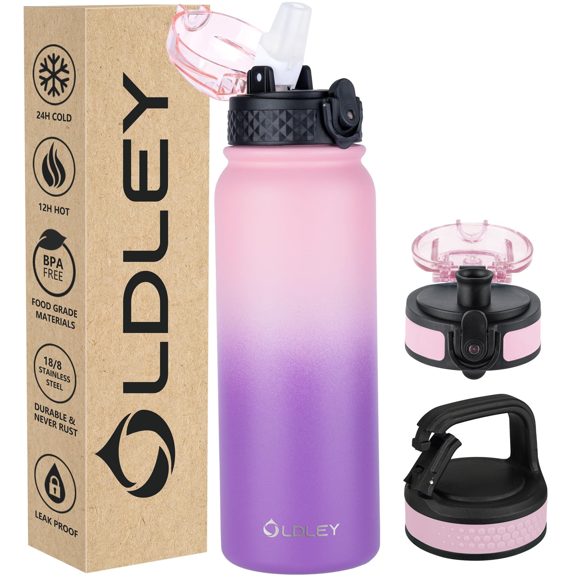 OLDLEY Insulated Water Bottle 20oz Water Bottles with Straw, Stainless Steel Water Bottle with 3 Lids, Double Wall Vacuum Bottles for Adult Kids, Sports Bottles for School Travel, Ombre Pink-Purple
