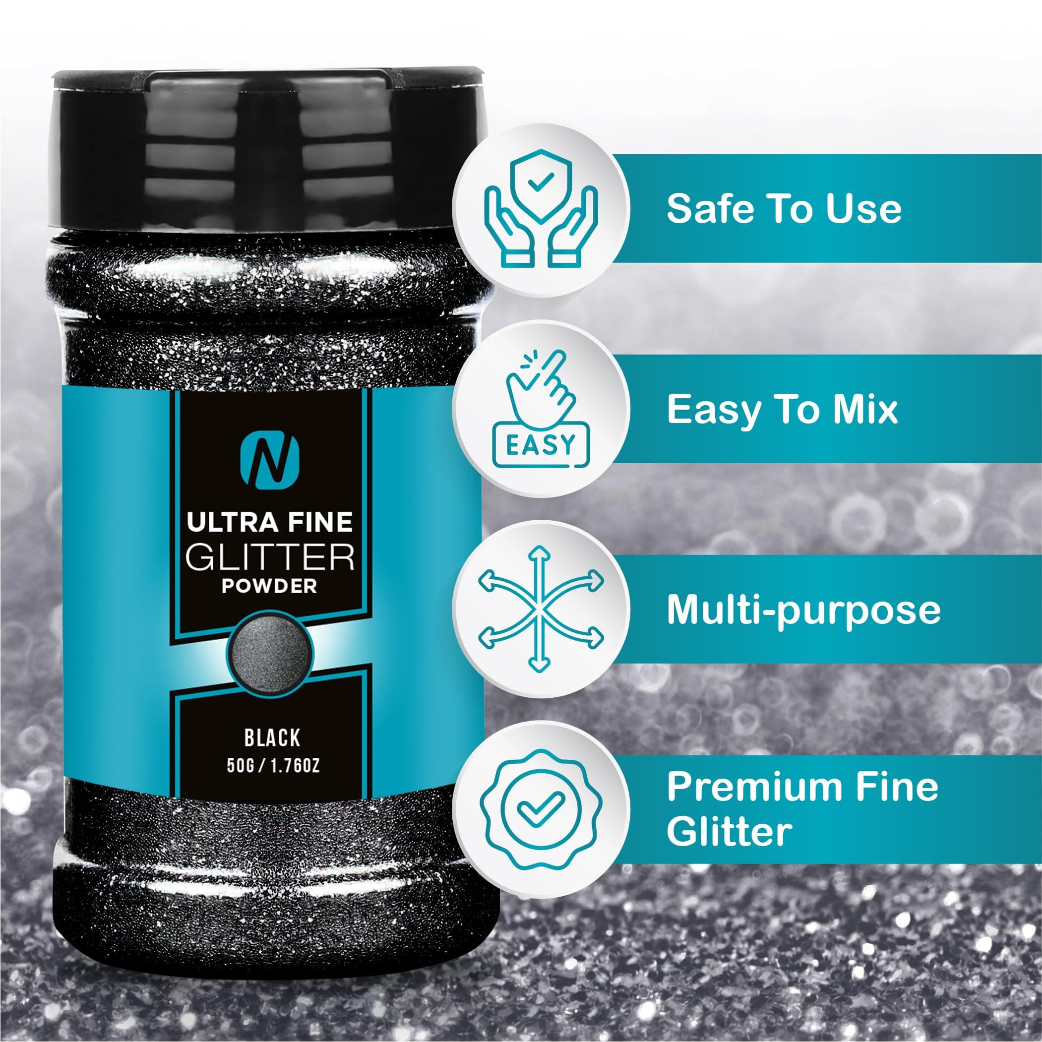 Glitter- Noverbee Black Glitter, Fine Glitter- 50g Extra Fine Glitter. Great Resin Accessories, Craft Glitter, Glitter Powder for Slime, Powder for Nails, tumblers, Ornaments, Candle.