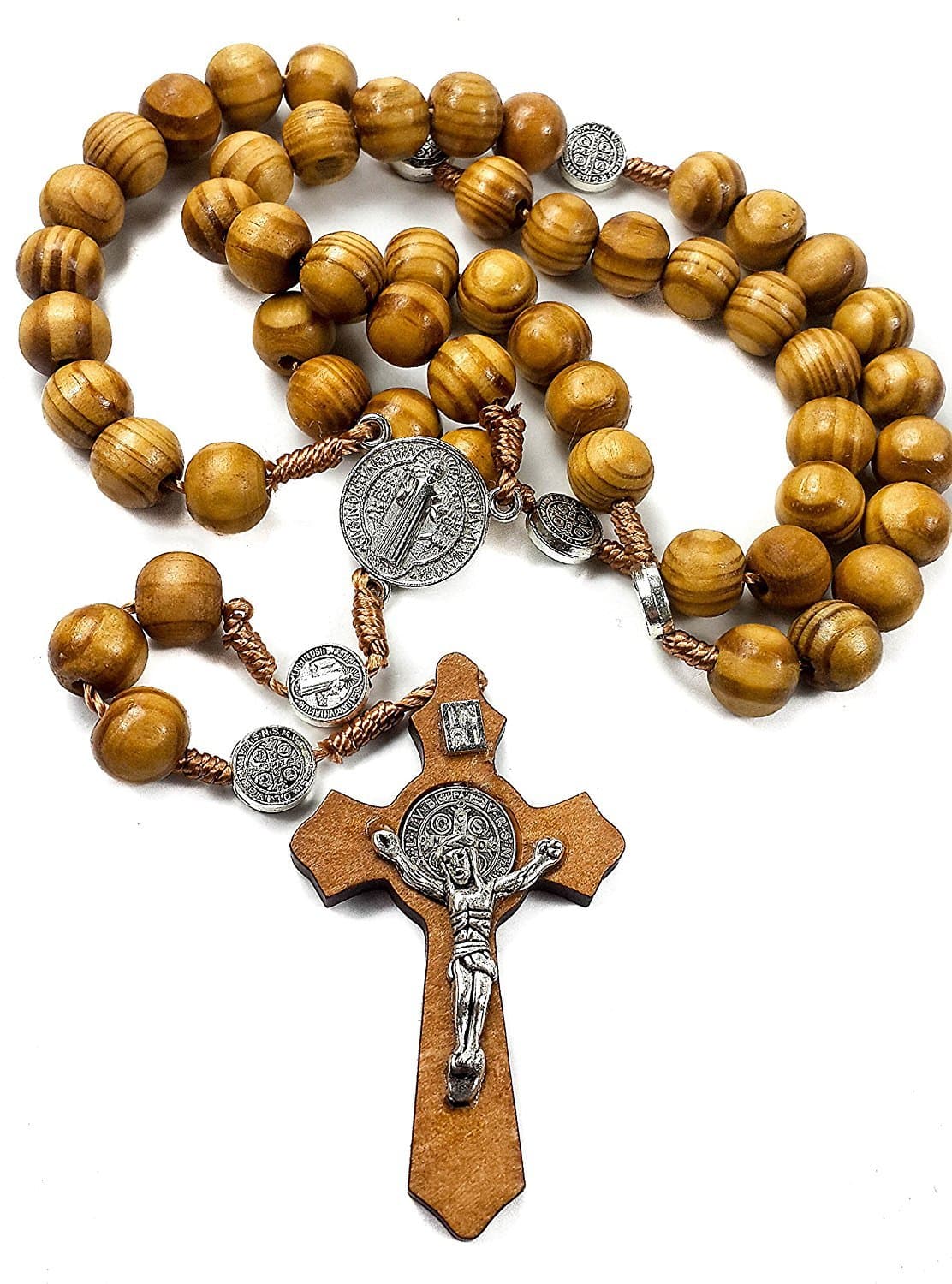 Saint Benedict Evil Protection Medal with Cross Wood Beads Rosary Necklace Nazareth Store