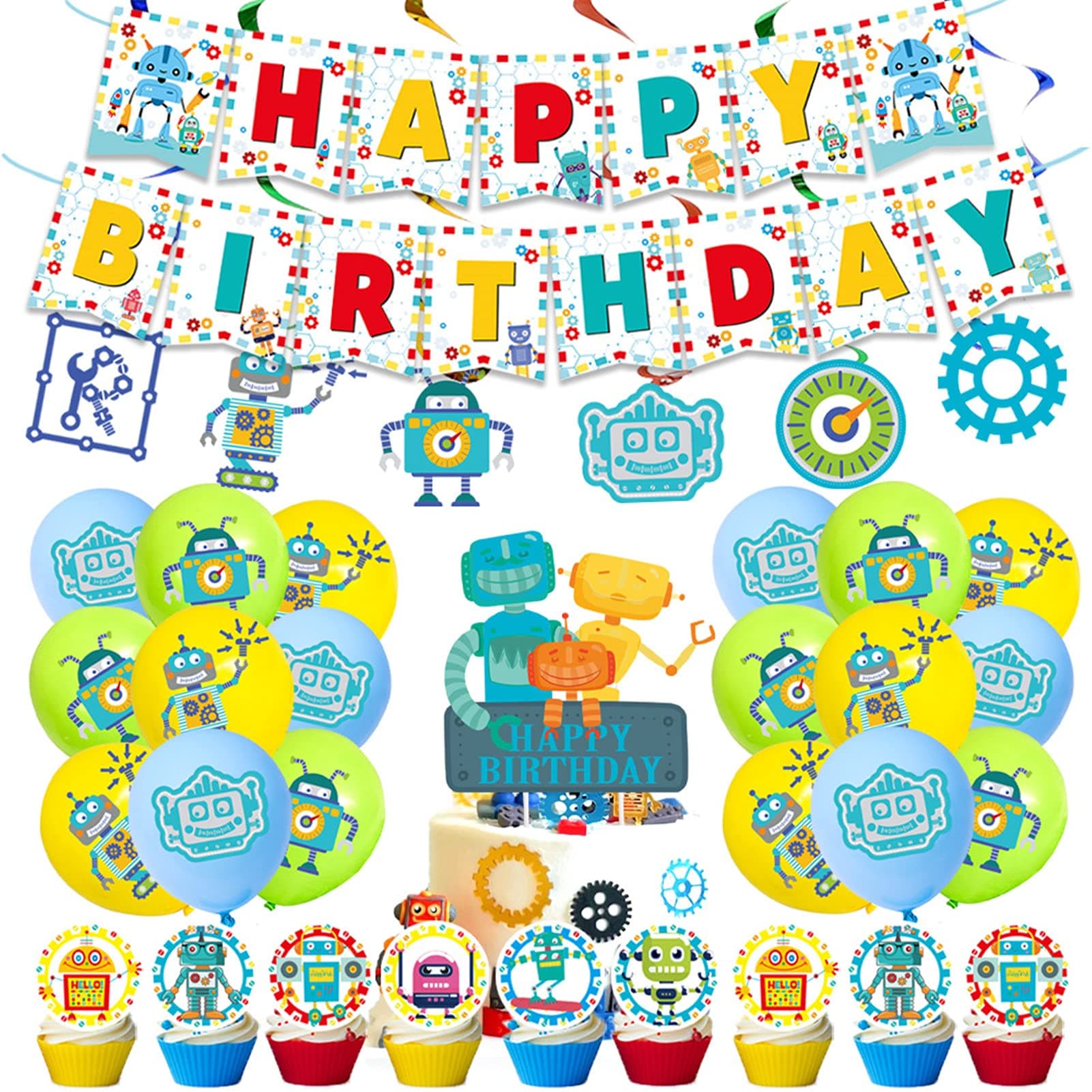 ADILAIDUN 50Pcs Robot Party Supplies Set-Including Happy Birthday Banner,Cake Topper and Cupcake Toppers,Spiral Ornaments,Latex balloons for kid s Boys Robot Theme Party Decoration