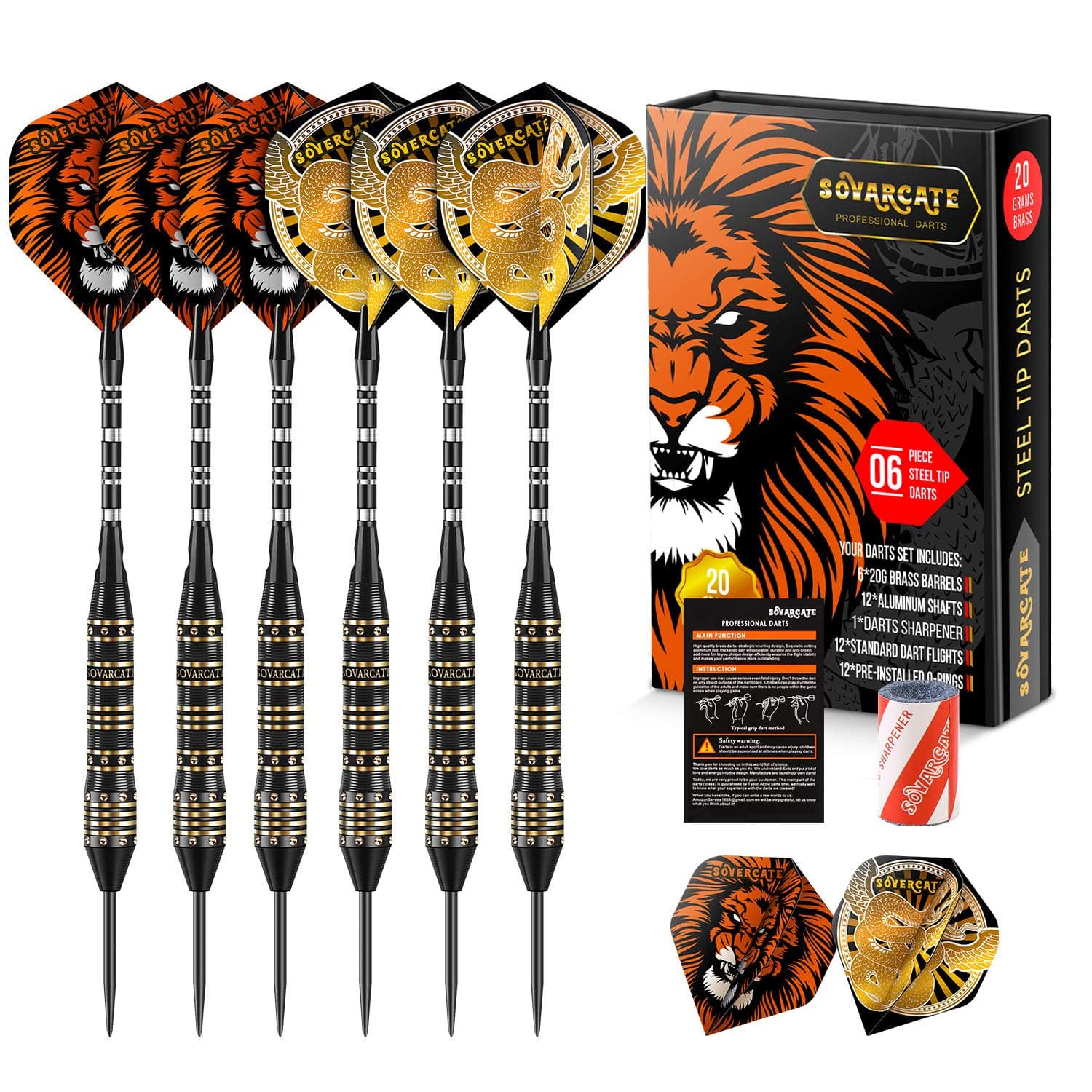 Professional Steel Tip Darts Set 20g- Custom Shafts and Flights |6 Brass Barrels |12 Aluminum Shafts 35/48mm |12 Flights |Darts Sharpener - Levels in Rec Room |Bar and Game Room - Innovative Case