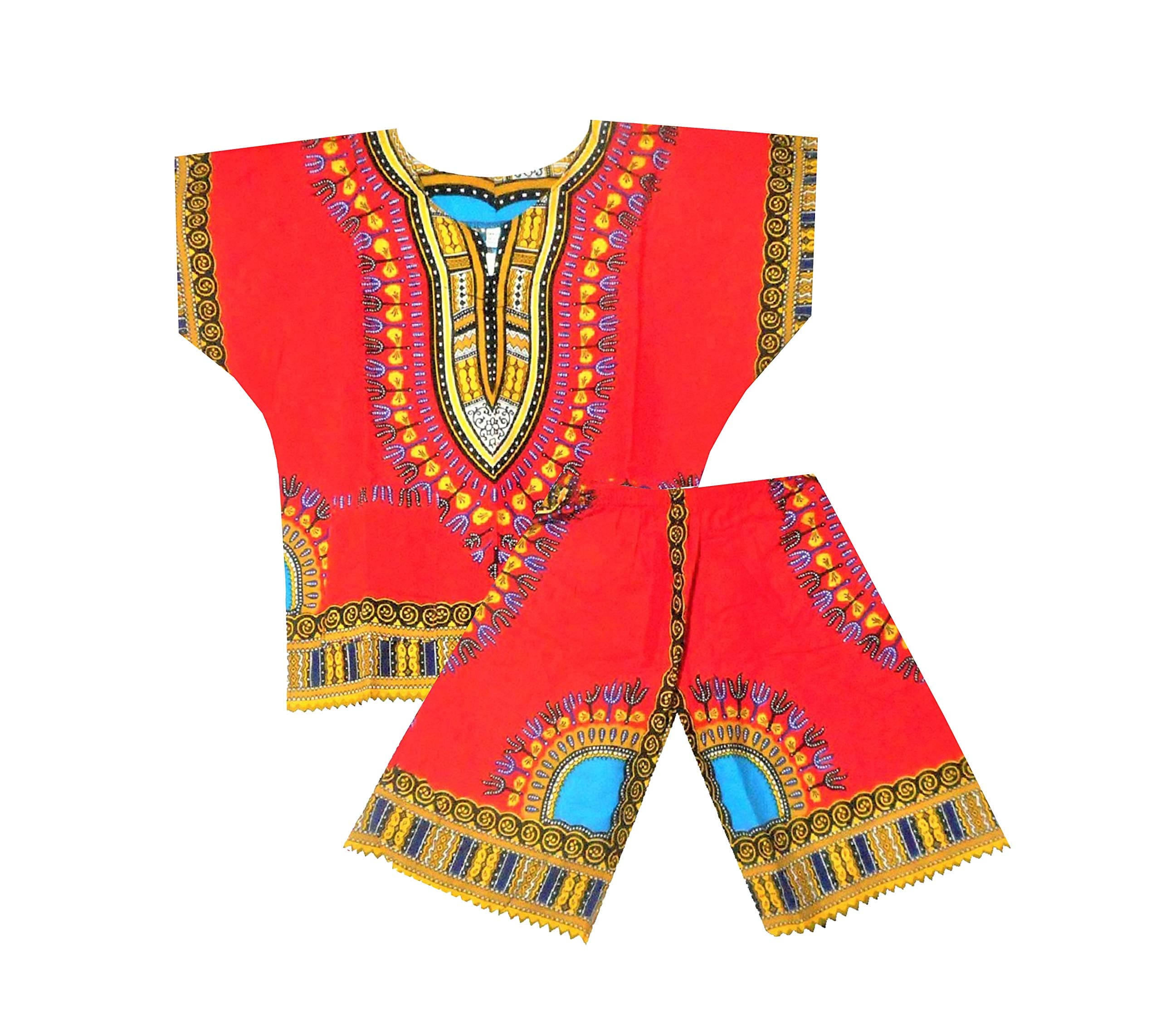 DecoraapparelAfrican Attire Kids Dashiki Suit 2-5 Year Boys Girls Unisex Shirt Shorts kids Dashiki Set One Size (Red Blue)