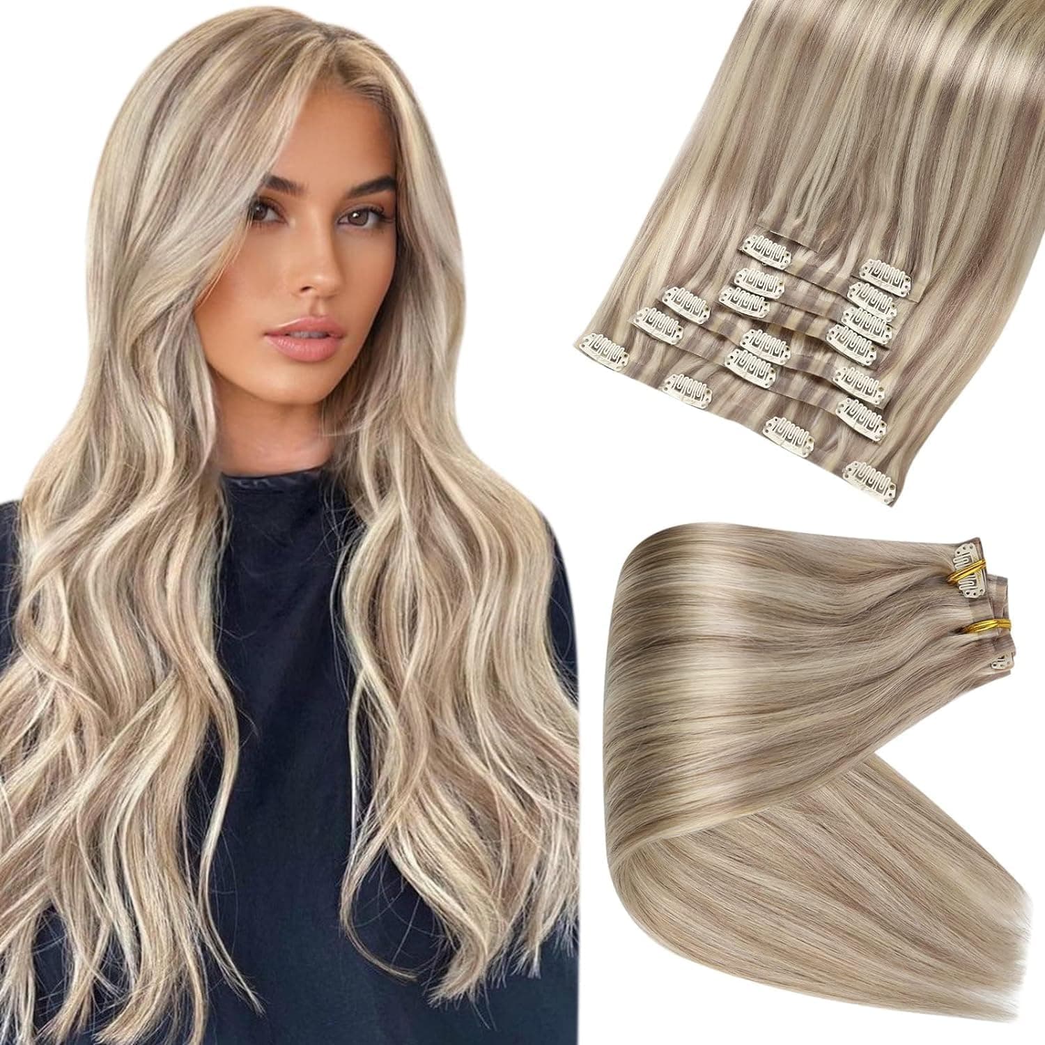 Full Shine Hair Extensions Real Human Hair Clip ins Blonde Hair Extensions Highlight Seamless Clip in Human Hair Extension PU Skin Weft Add Volume 18 Inch 8 PCS 120 G