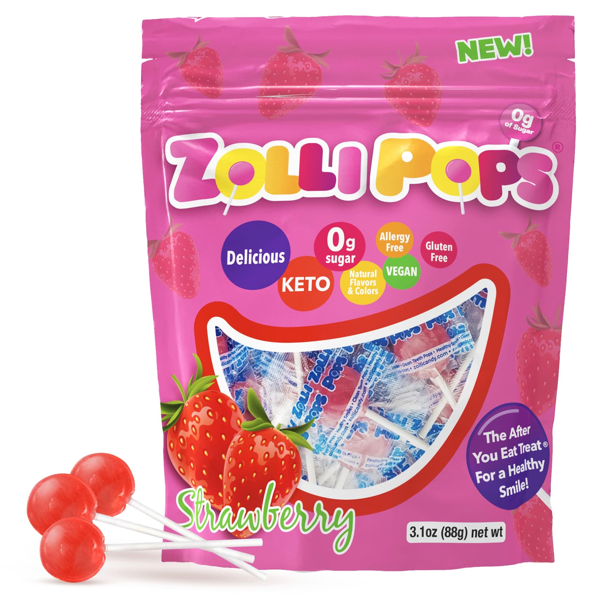Zollipops Clean Teeth Pops Sugar Free Candy with Xylitol, Dye-Free Lollipops - Keto & Diabetic-Friendly, Dentist-Approved Treats for Kids (Strawberry 3.1 oz)