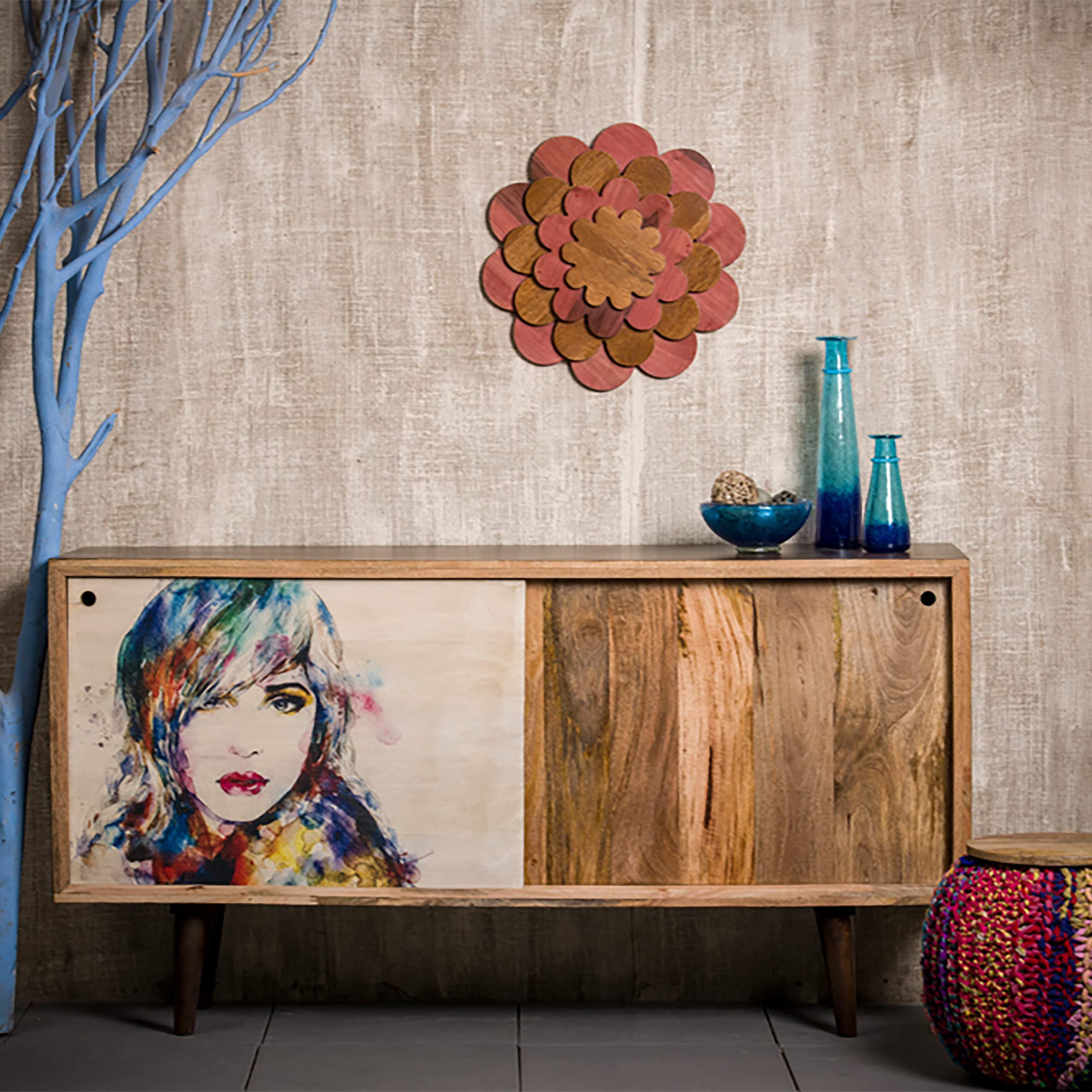 Designer Sideboard, Modern Dresser with Doors, Solid Mango Wood, HxWxD: 85 x 160 x 45 cm, Colourful