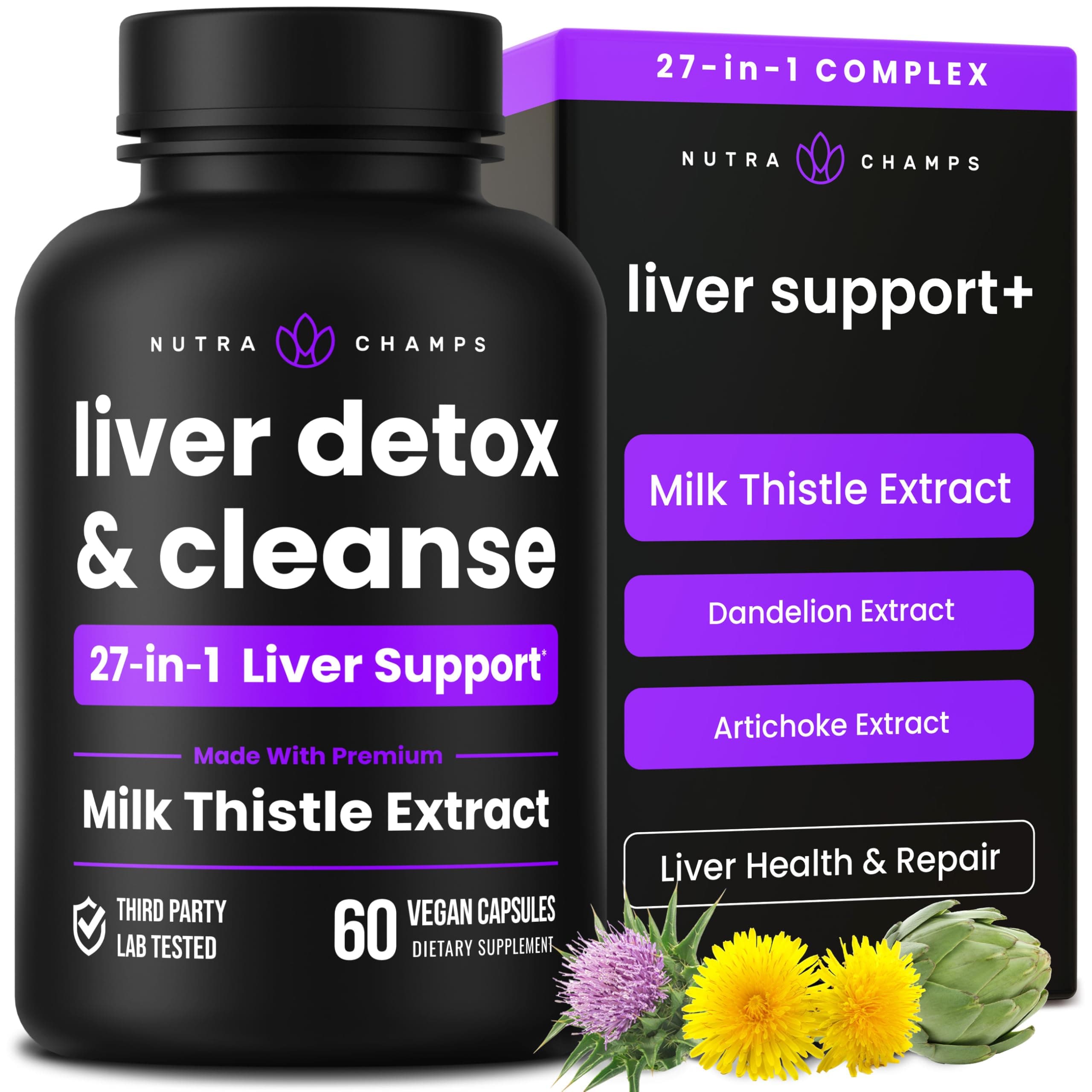 Liver Cleanse Detox & Repair Formula | 25+ Herbs: Milk Thistle Extract with Silymarin, Artichoke, Dandelion, Chicory Root Powder & More! | Premium Liver Support Pills Supplement, 60 Capsules
