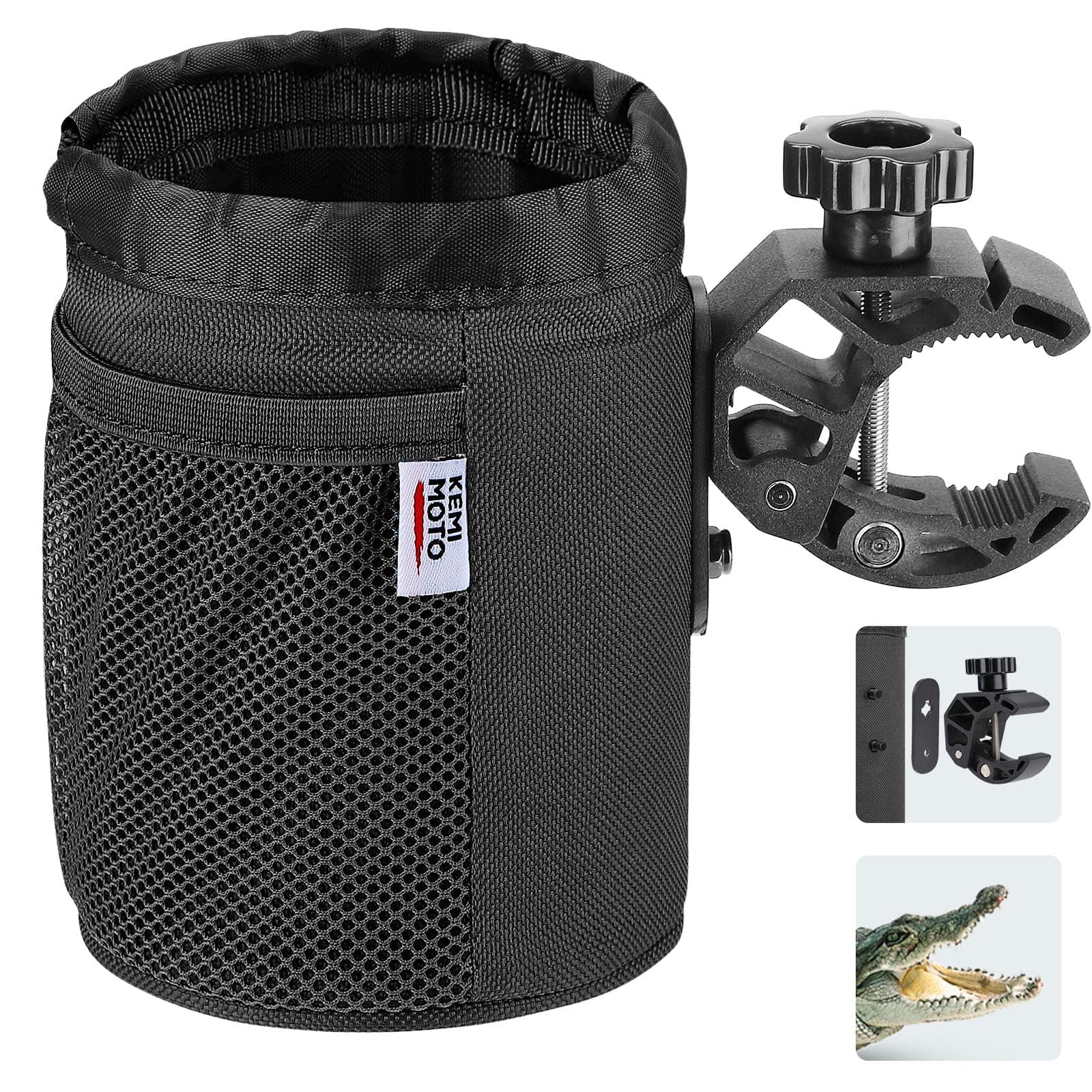 KEMIMOTO Motorcycle Cup Holder, Oxford Fabric Motorcycle Drink Holder with 0.6"-1.5" Alligator Clamp, Universal Water Bottle Cup Accessories for Bike, ATV/UTV, Scooter, Boat, Walker