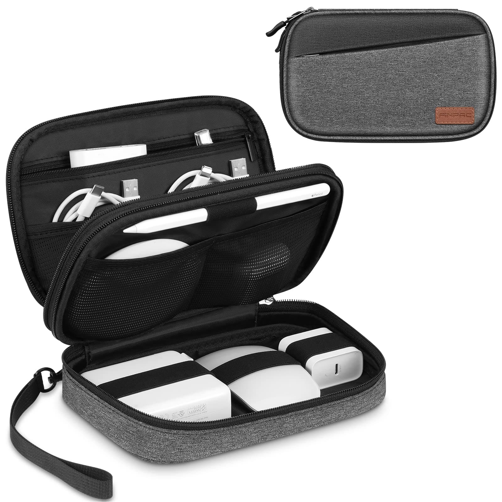 FINPAC Travel Electronic Bag, Portable Cable Organizer Electronic Essentials Pouch Case, Double Layer Storage Bag for Cord, Hard Drive, Charger, Wireless Earbuds, USB, SD Card (Gray)