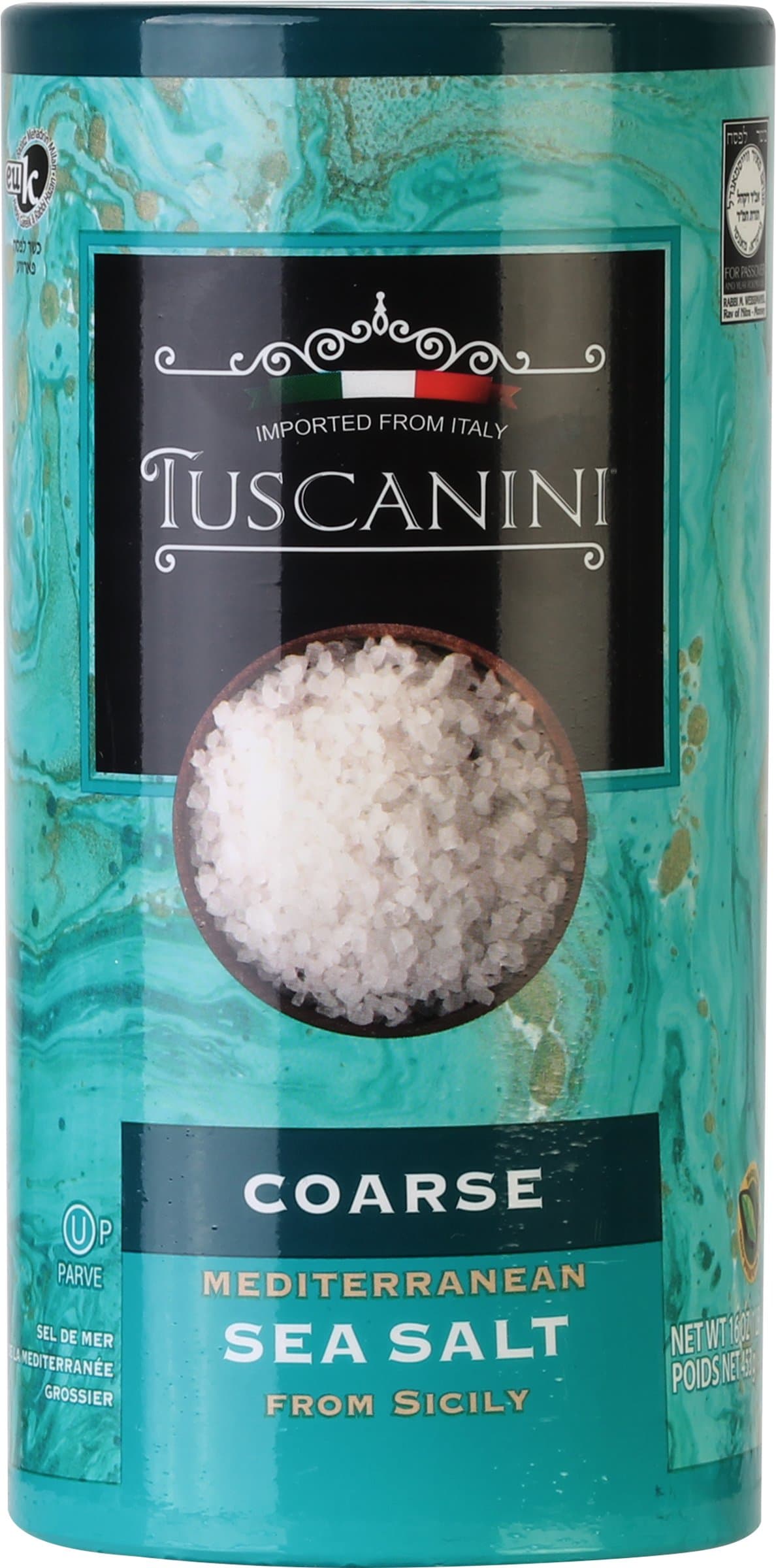 Tuscanini Coarse Mediterranean Sea Salt, 454g Tube, Dual Spout Salt Shaker, From Sicily Italy