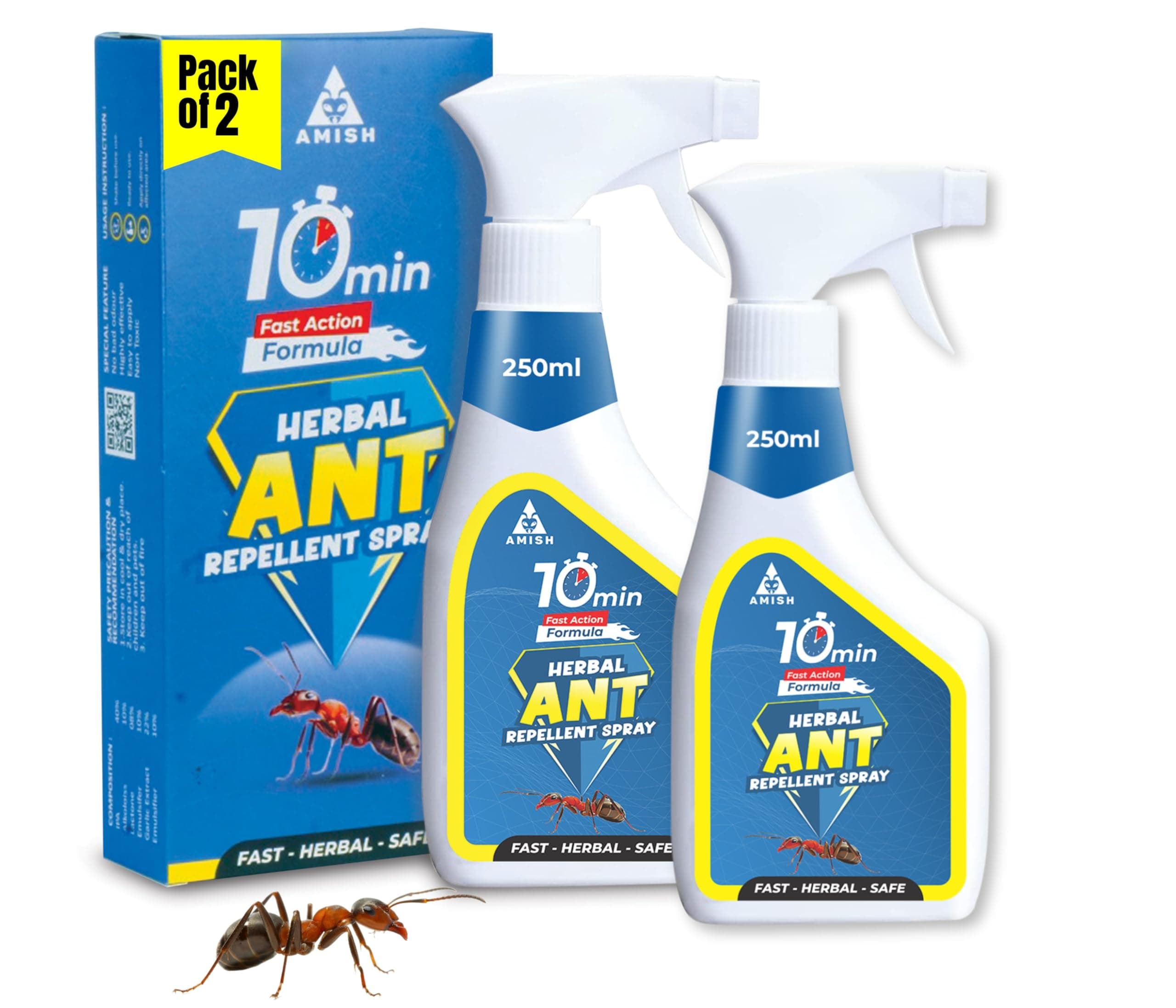 Amish Ant Repellent Spray 250ml Pack of 2 for Home & Kitchen | Herbal Organic Indoor Outdoor | Pet Safe, Safe for Dogs | Eco Friendly Remover for Home, Plants | 10 minutes Formula| Repellent Spray