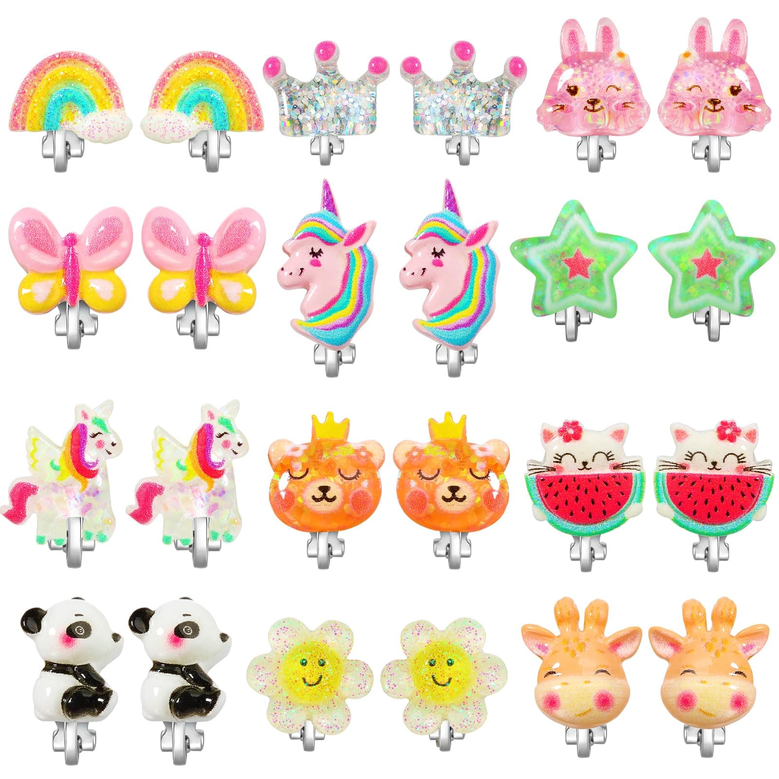 PinkSheep Clip On Earrings for Girls Kids 12 Pairs Toddler Earrings Kawaii Ladybug Unicorn Rainbow Princess Earrings Girl Gift, Acrylic, not
