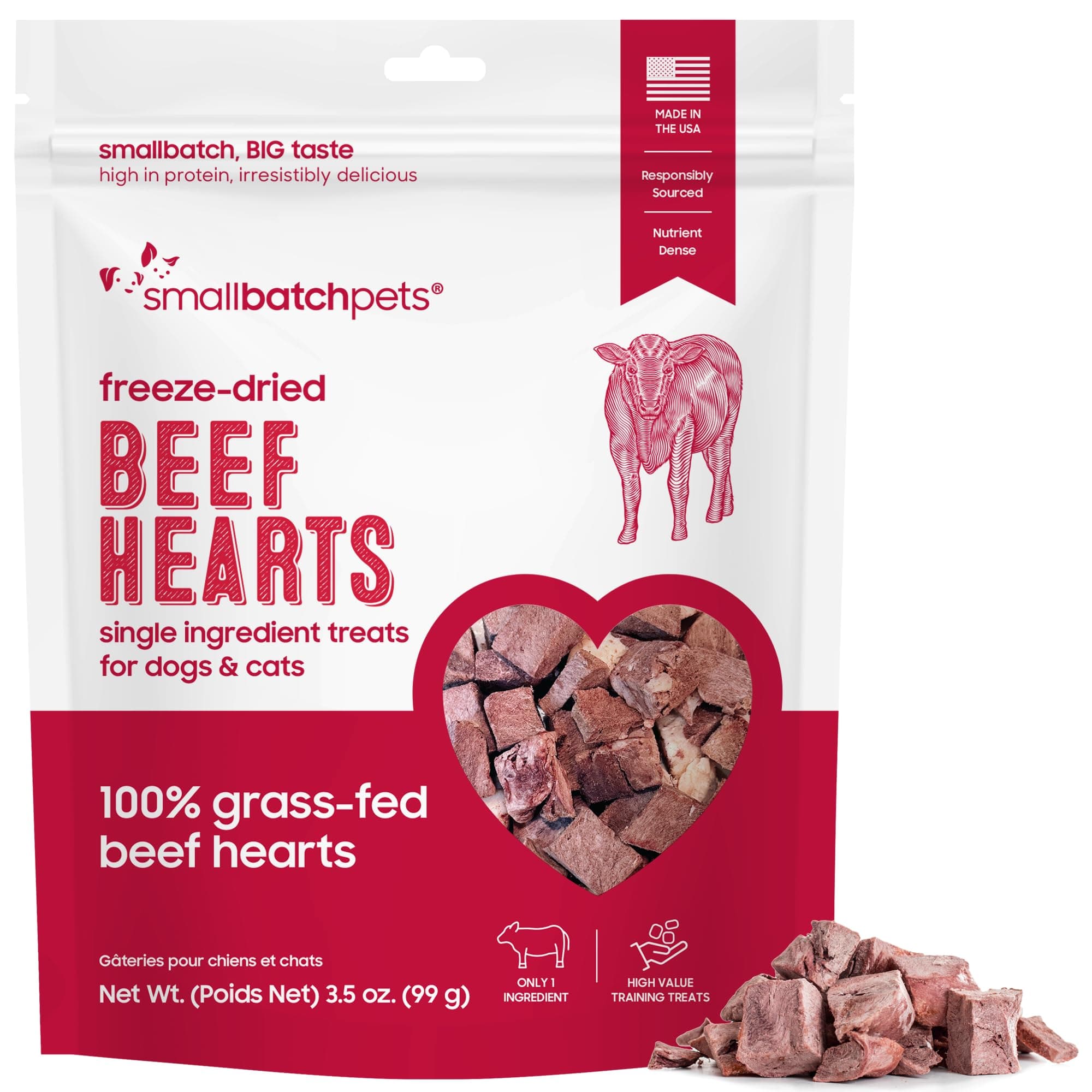 smallbatch Pets Premium Freeze-Dried Beef Heart Treats for Dogs and Cats, 3.5 oz, Made and Sourced in The USA, Single Ingredient, Humanely Raise Meat, No Preservatives or Anything Artificial Ever
