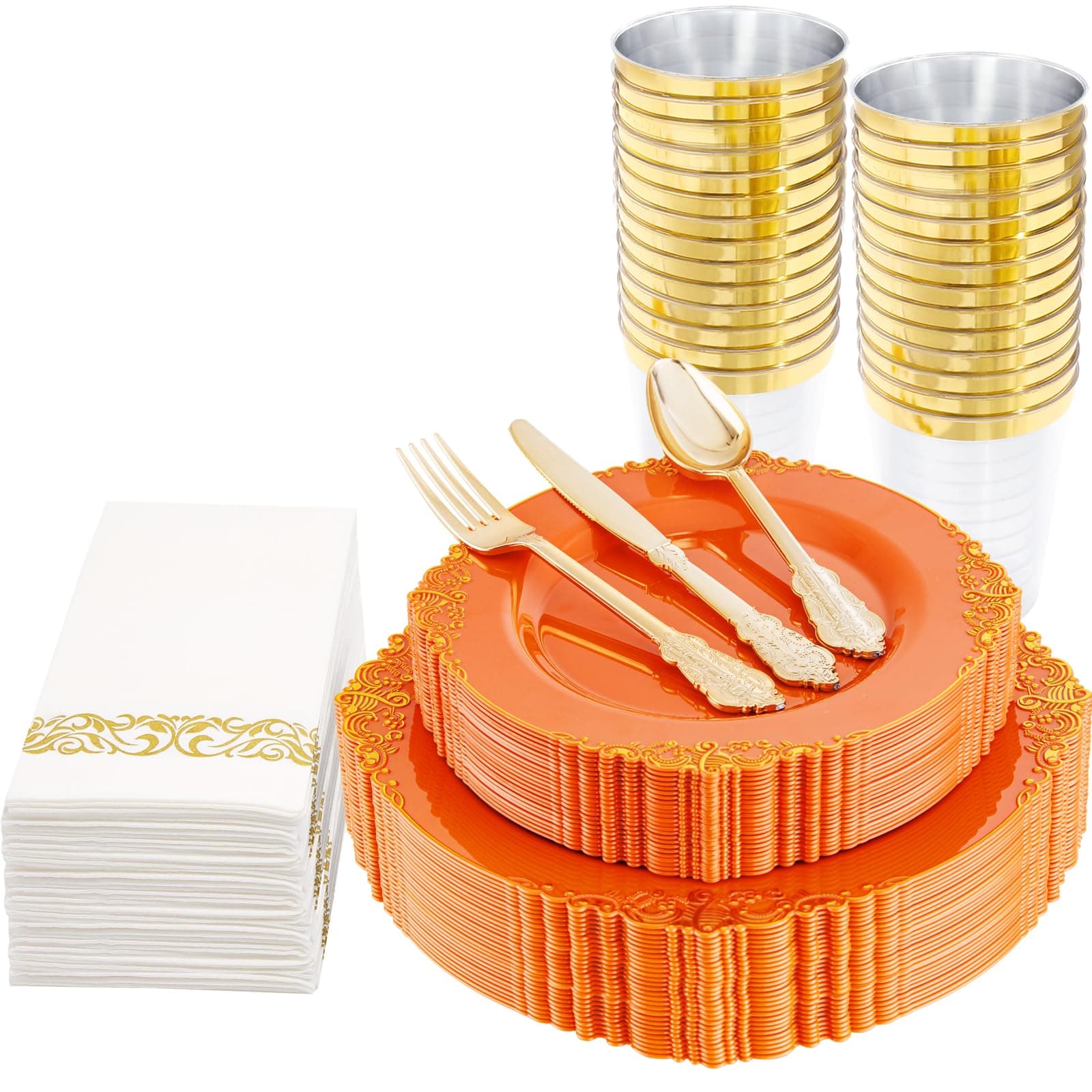 175PCS Orange Plastic Plates - Orange and Gold Disposable Plates for 25 Guests Include 50Plates, 25Cups, 25Forks, 25Knives, 25Spoons, 25Napkins for Wedding & Party