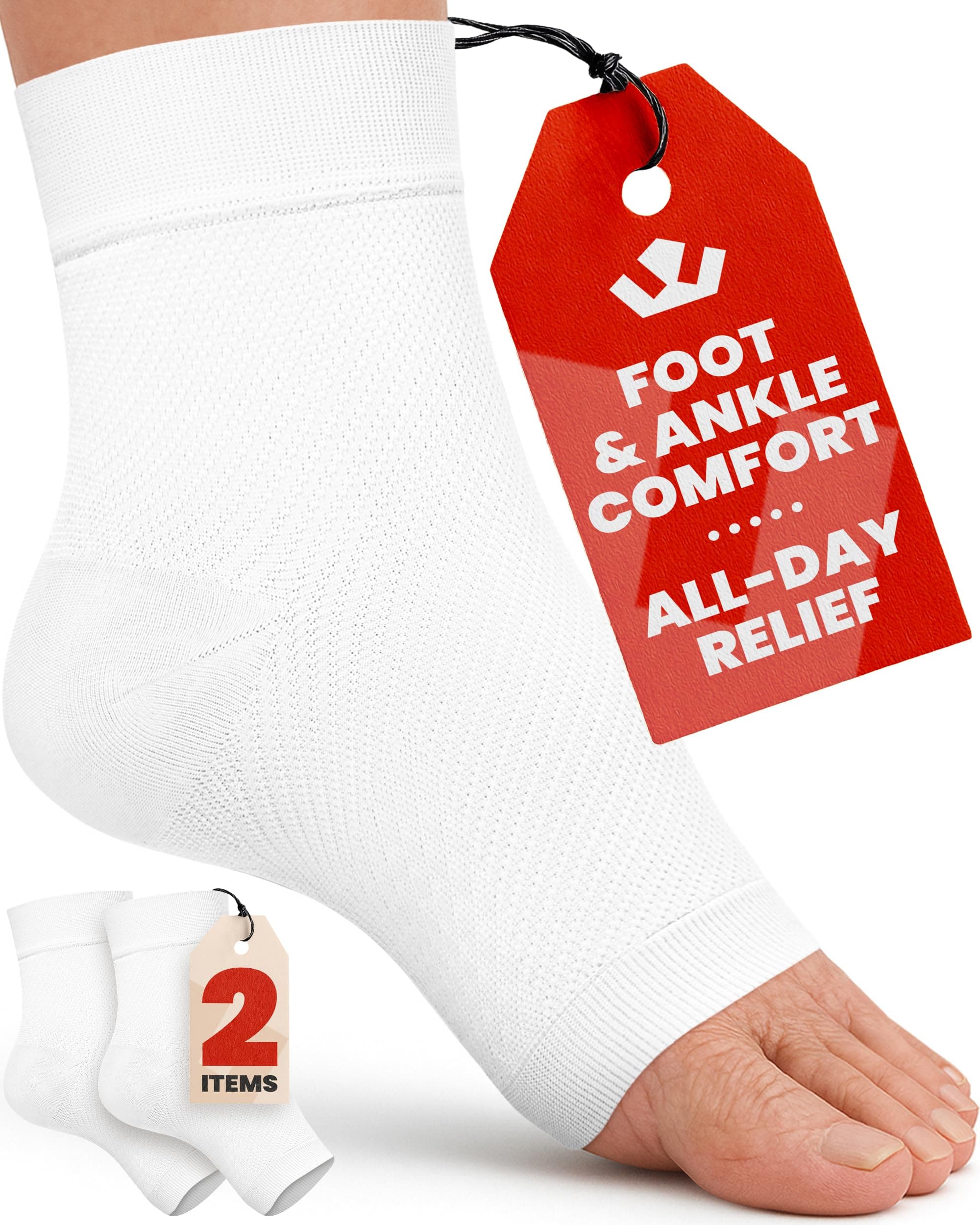 Ankle Compression Sleeve - 1-Pair, Plantar Fasciitis Braces - Open Toe Compression Socks for Swelling, Sprain, Neuropathy, Foot Arch Support for Men and Women - 20-30mmhg, M, White