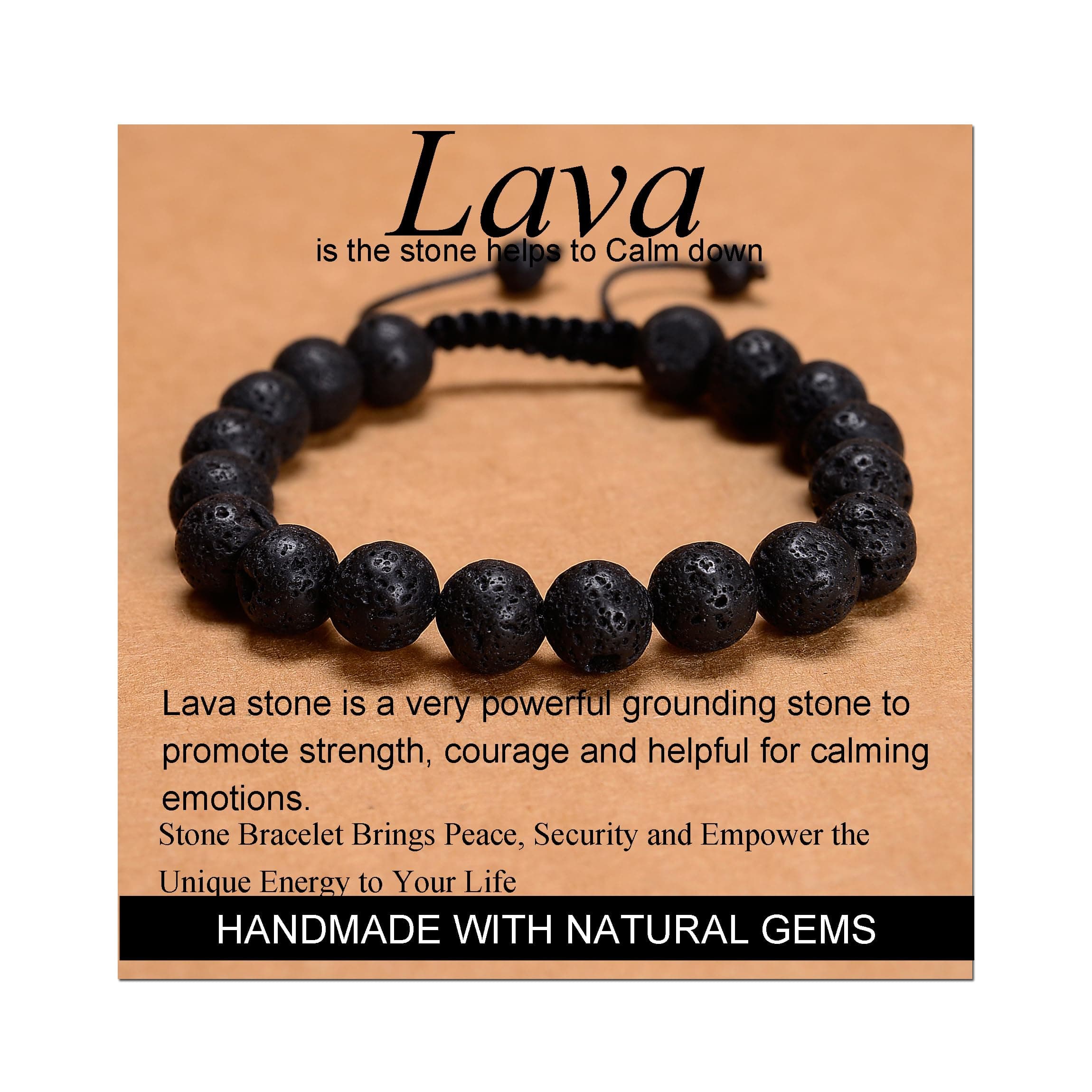 Black Lava Massive Beads - Stone of Calm - Handmade Yoga Natural Stone Crystal Healing Power Energy Gifts for Unisex Adult Bracelet Macrame Adjustable 10mm