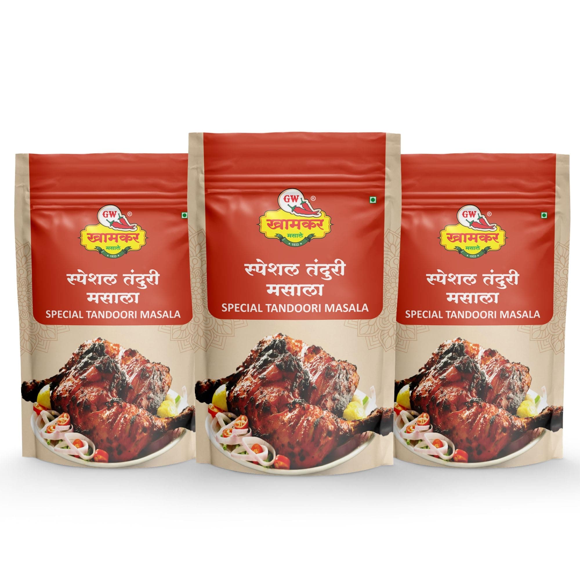 GW Khamkar SPL Tandoori Masala | Flavorful & Aromatic Indian Spices Blend | Smoky & Spicy Grill Blend for Chicken, Paneer, Veggies | Cold Pressed | Traditional secret recipe | Rich & Authantic Taste| No Artificial colour and Preservatives | Pack of 3- 185GM