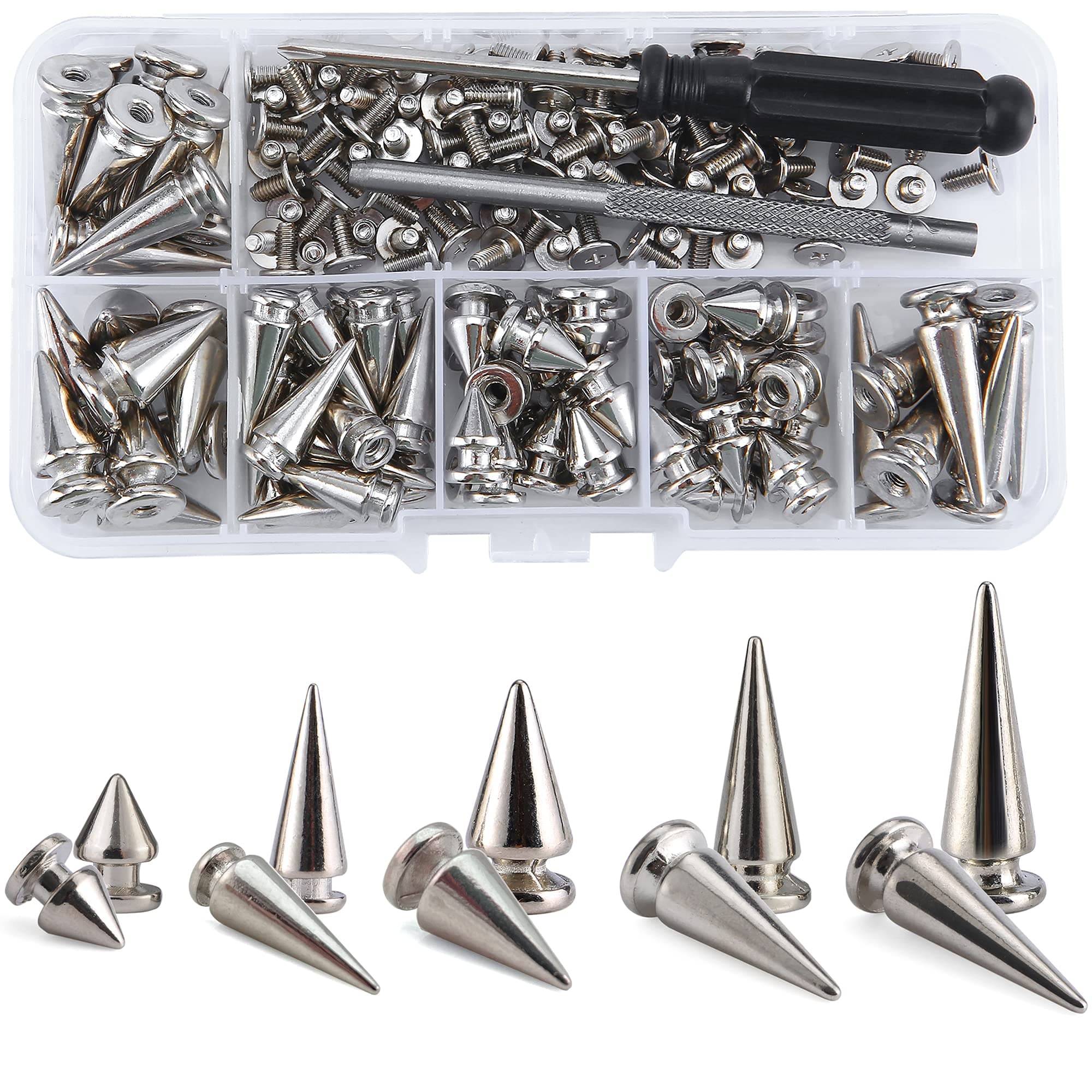YORANYO 70 Sets Mixed Shape Spikes and Studs Assorted Sizes for Clothing - Silver Color Screw Back Bullet Tree Rivet for Leather Craft, Shoes, Belts, Bags, Dog Collars