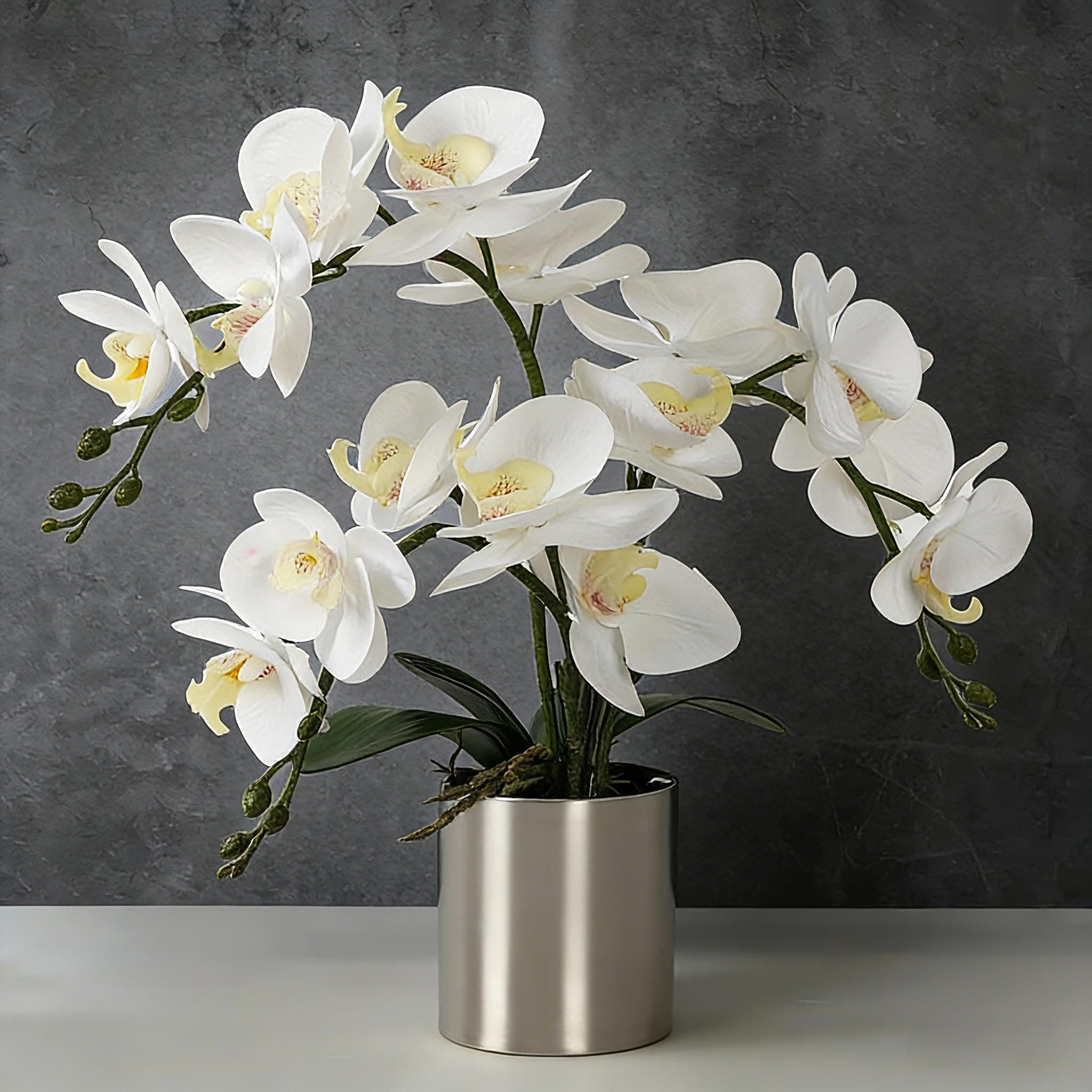 Artificial Orchid Flower with Vase, White Orchid Bonsai Faux Orchid Phalaenopsis Plant Pot Arrangements for Home Decoration (White,Silver Vase)