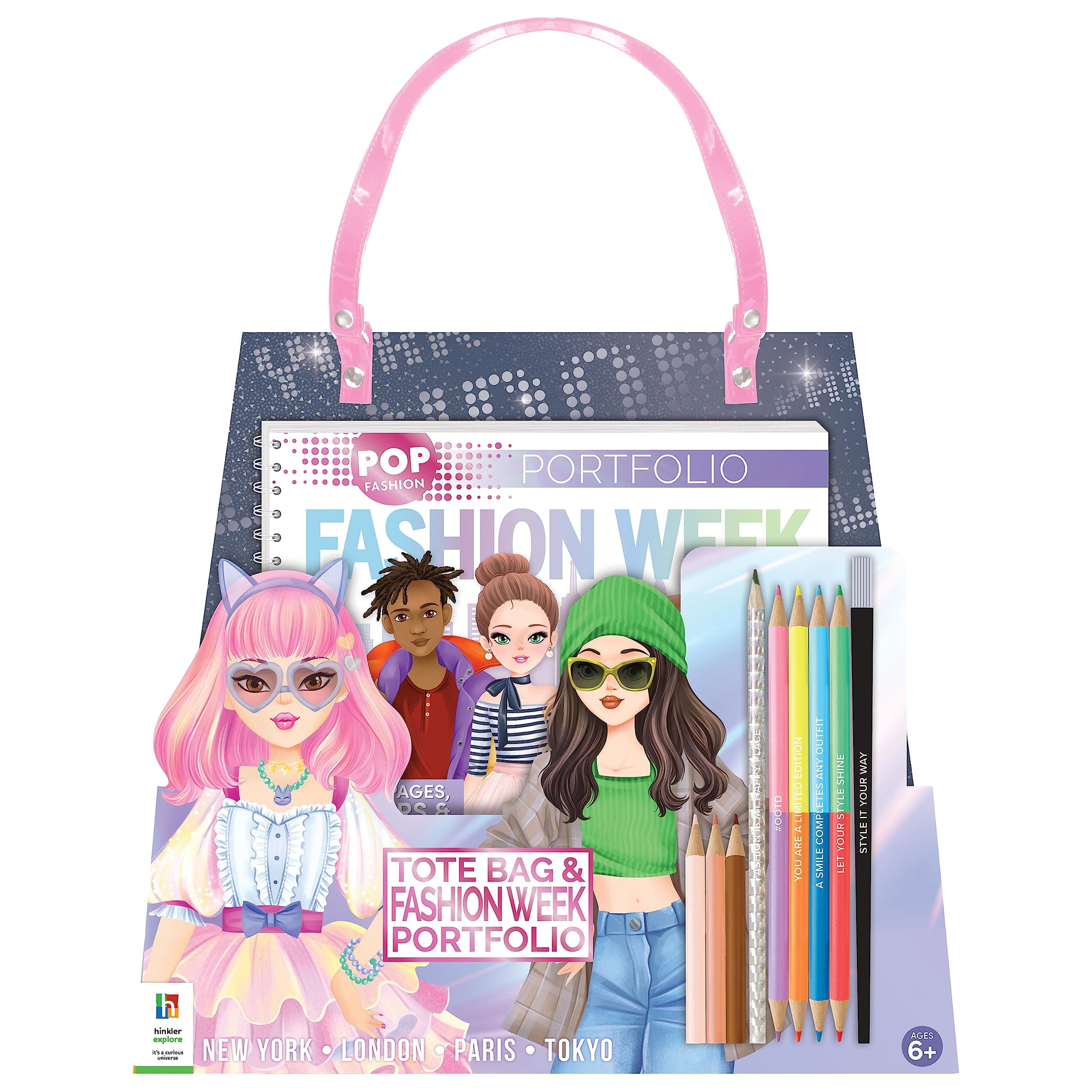 Hinkler - Pop Fashion Portfolio - Tote Bag & Fashion Week Portfolio - Fashion Week Designer Tote Bag and Pencils for Kids - Includes Book, Coloured Pencils, Outfit Stickers and More