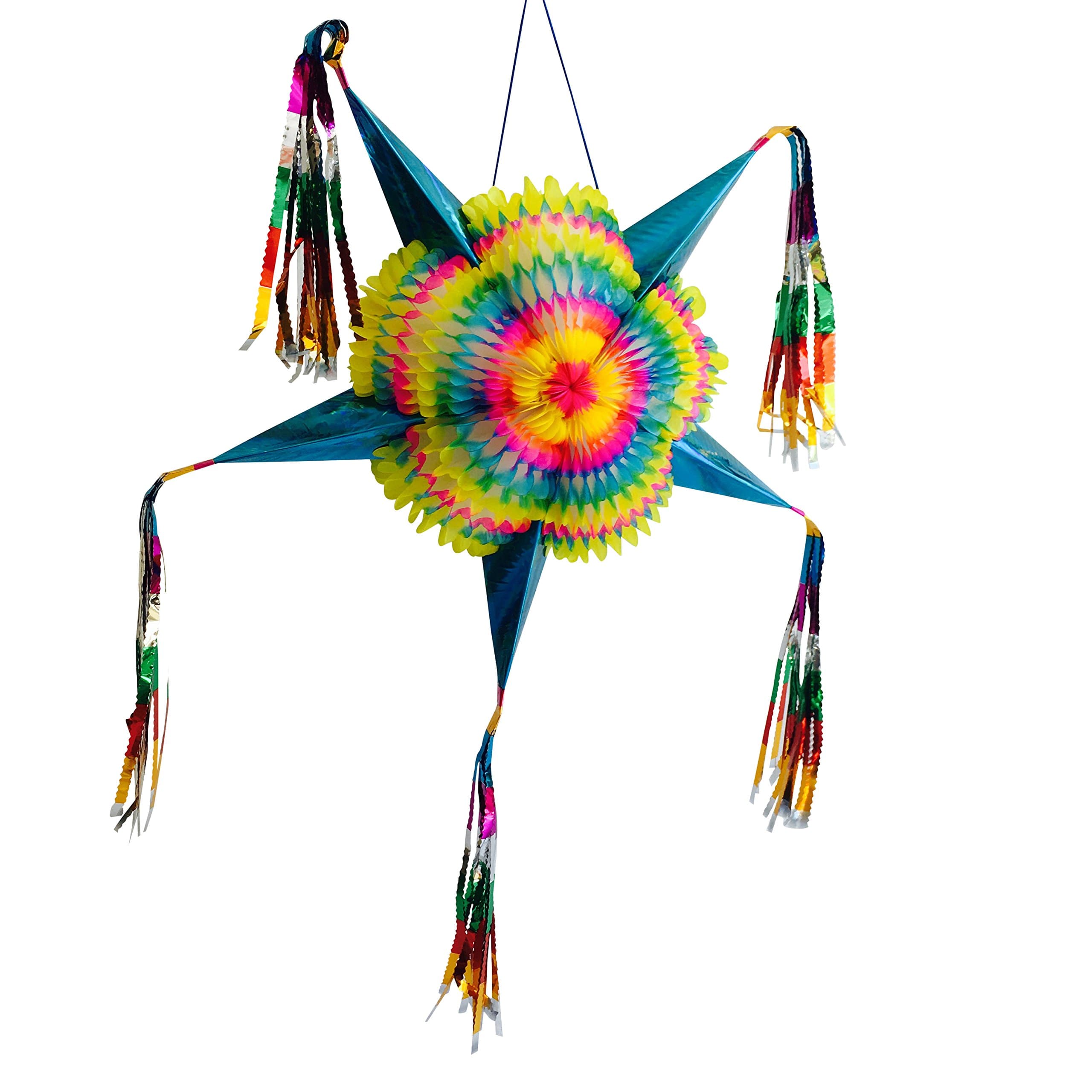 Medium Star Mexican Piñata Decoration- with Colorful Foldable Cardboard Paper and Tassels for Fiesta Fun