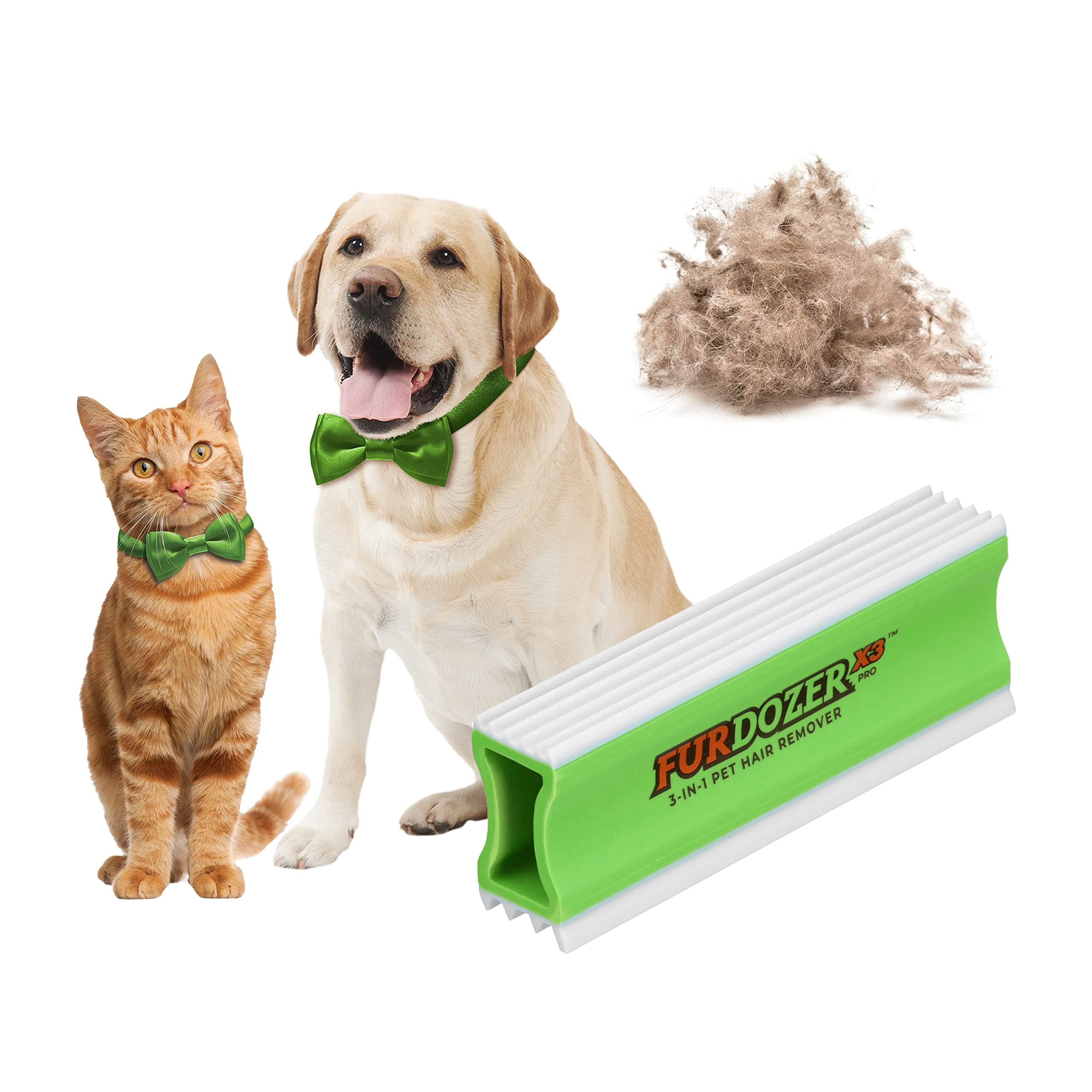 FurDozer Pet Hair Remover & Auto Detailing Tools - Cat & Dog Hair Remover for Carpets, Car Interiors, Couches, Bedding, & Pet Furniture (Green, X3 PRO - 5" Long)