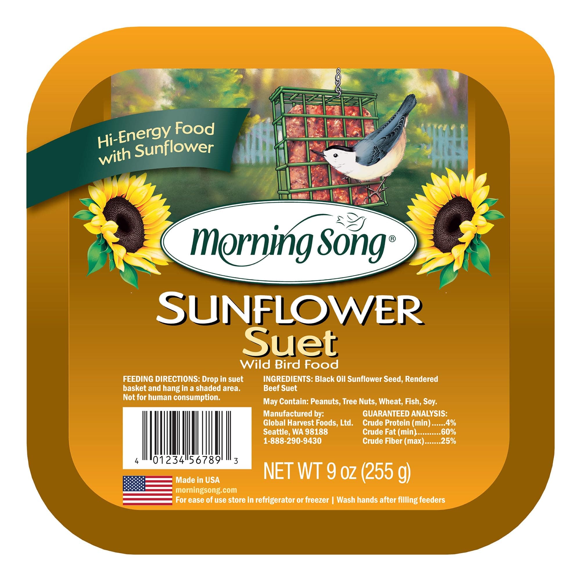 Morning Song Sunflower Suet Cake Wild Bird Food, Bird Food for Outside Wild Birds, 9-Ounce