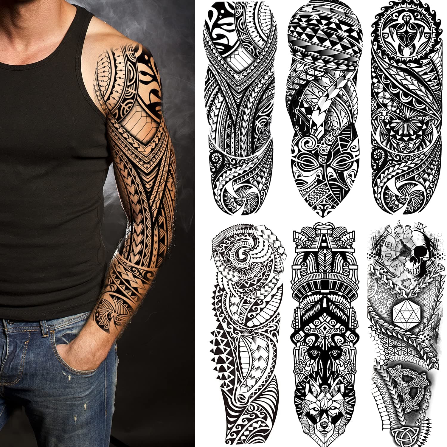 Fake Sleeve Tattoos Stickers 6-Sheet Full Arm Temporary Tattoos Sleeves for Adult Kids Women Makeup